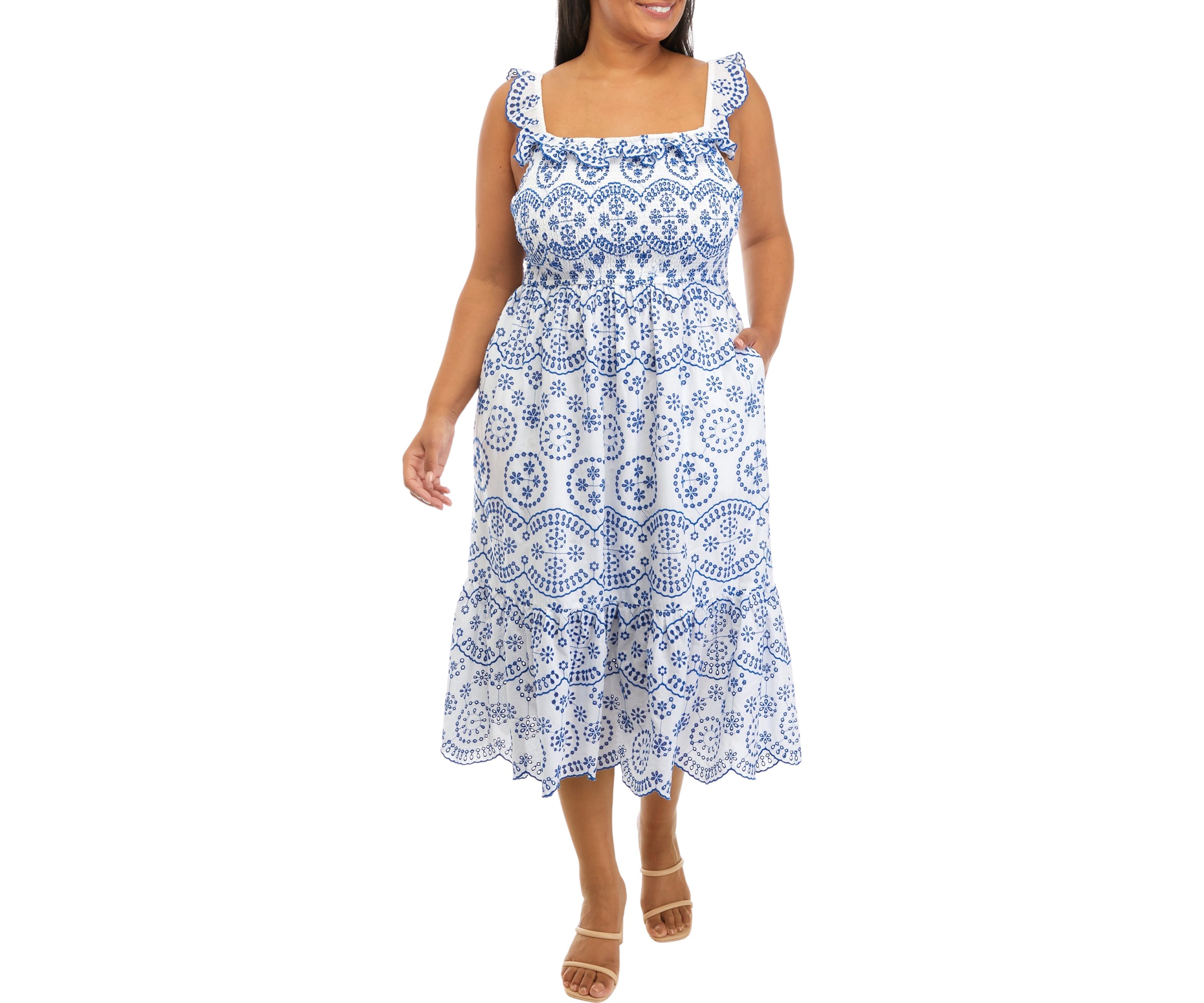 Plus Size Ruffle Shoulder Printed Midi Dress