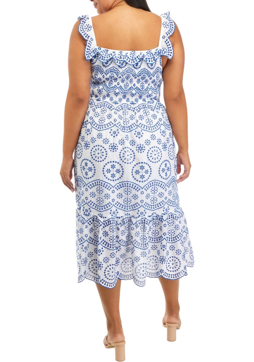 Plus Size Ruffle Shoulder Printed Midi Dress