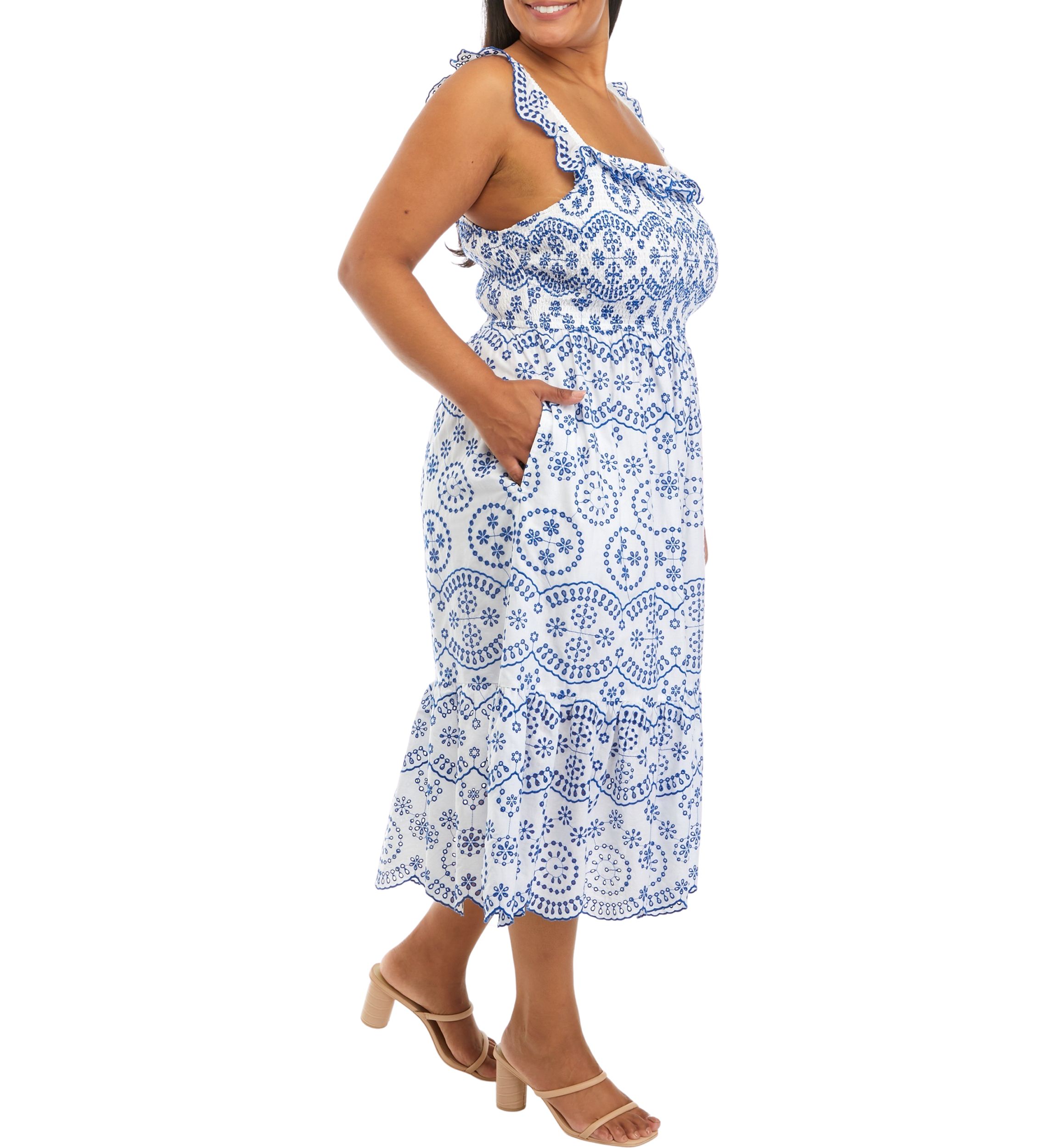 Plus Size Ruffle Shoulder Printed Midi Dress