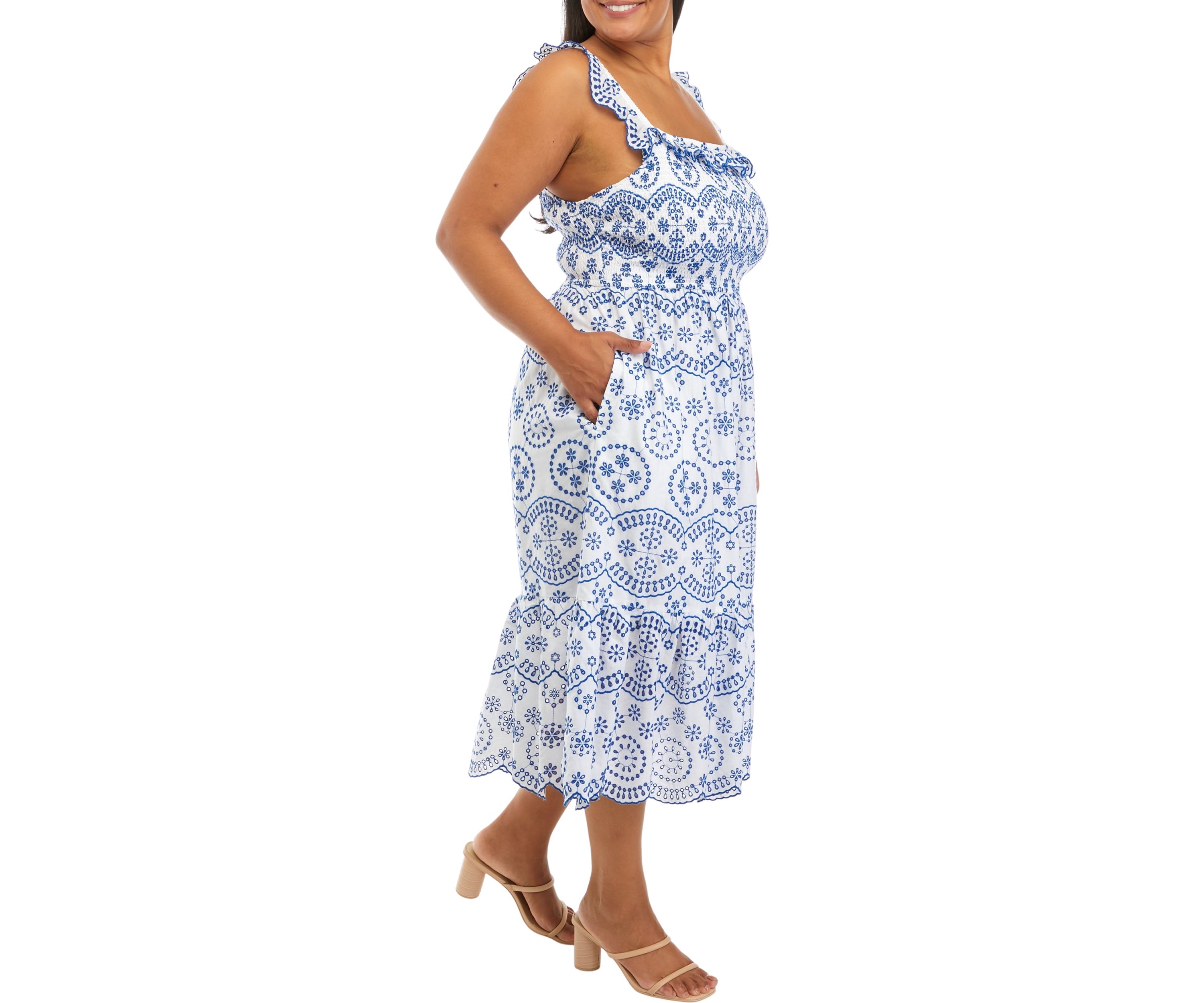 Plus Size Ruffle Shoulder Printed Midi Dress