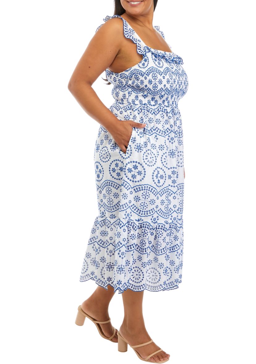 Plus Size Ruffle Shoulder Printed Midi Dress