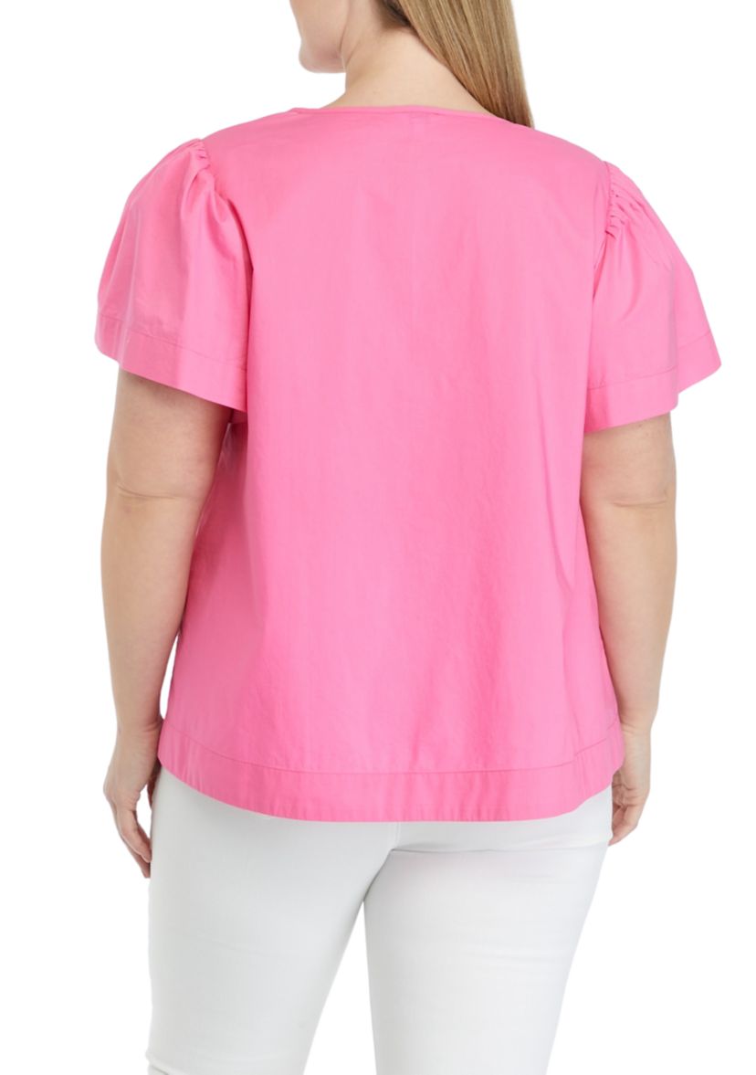 Womens Puff Sleeve Split Neck Top 
