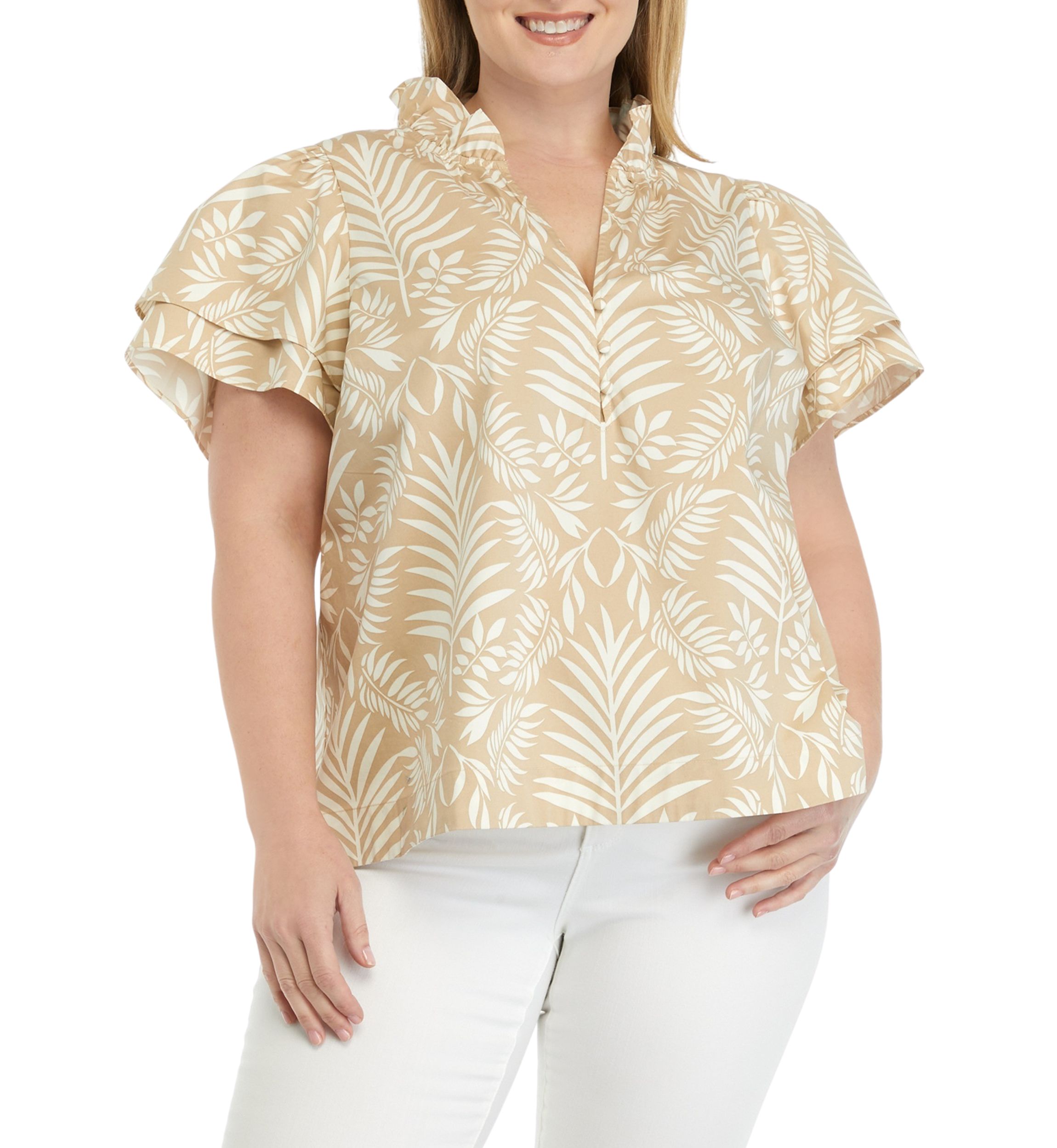 Plus Size Printed Flutter Sleeve Top