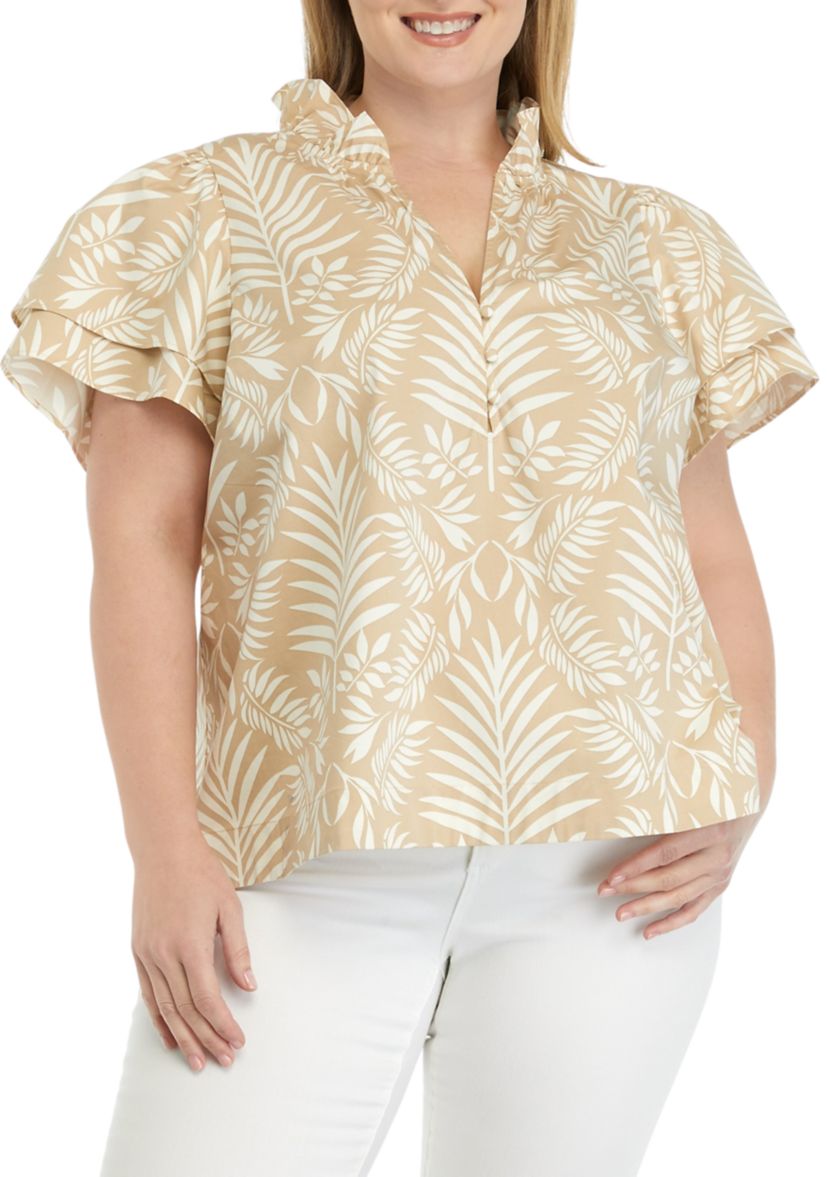 Plus Size Printed Flutter Sleeve Top