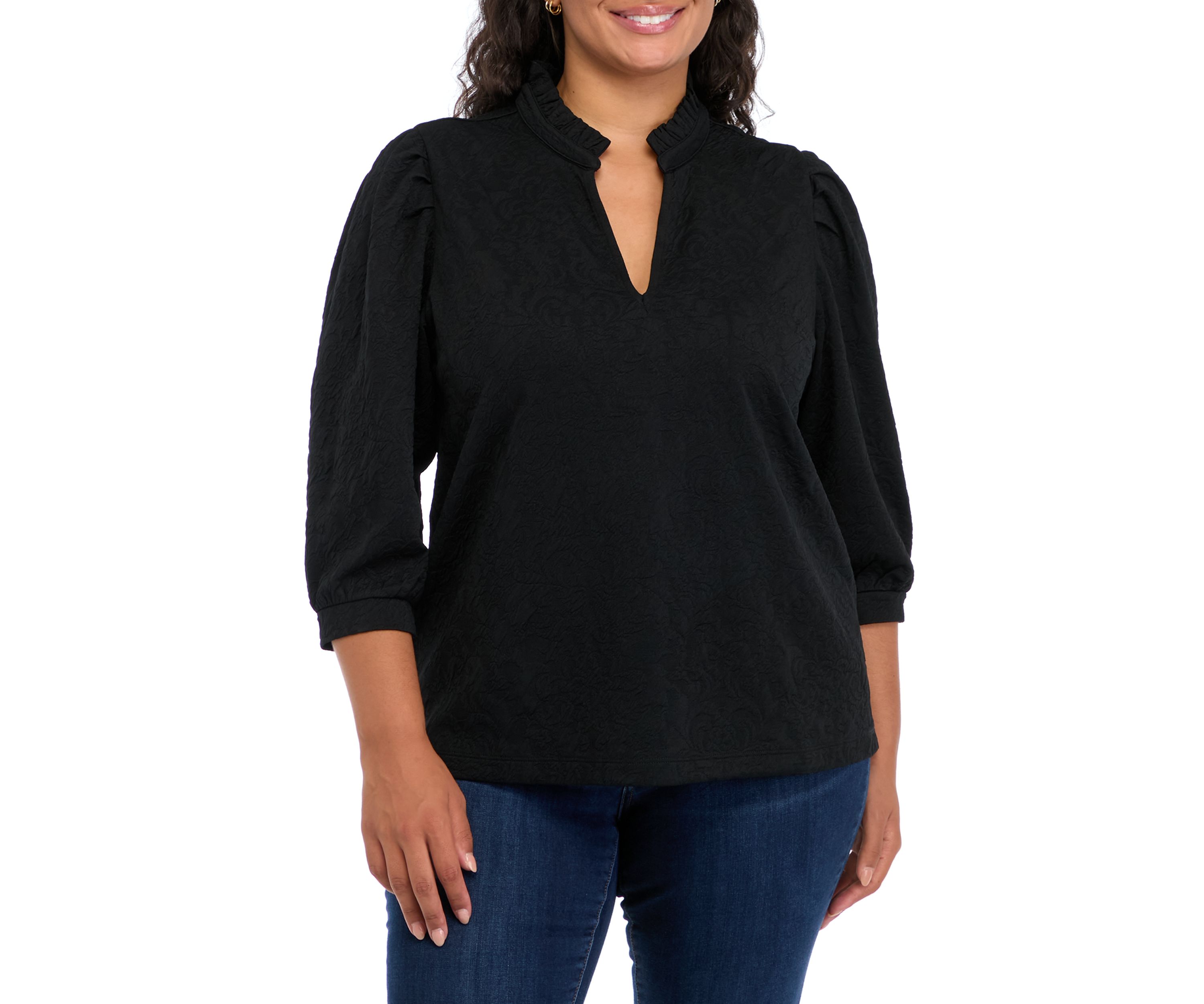 Plus Size 3/4 Sleeve Ruffle Neck Top 