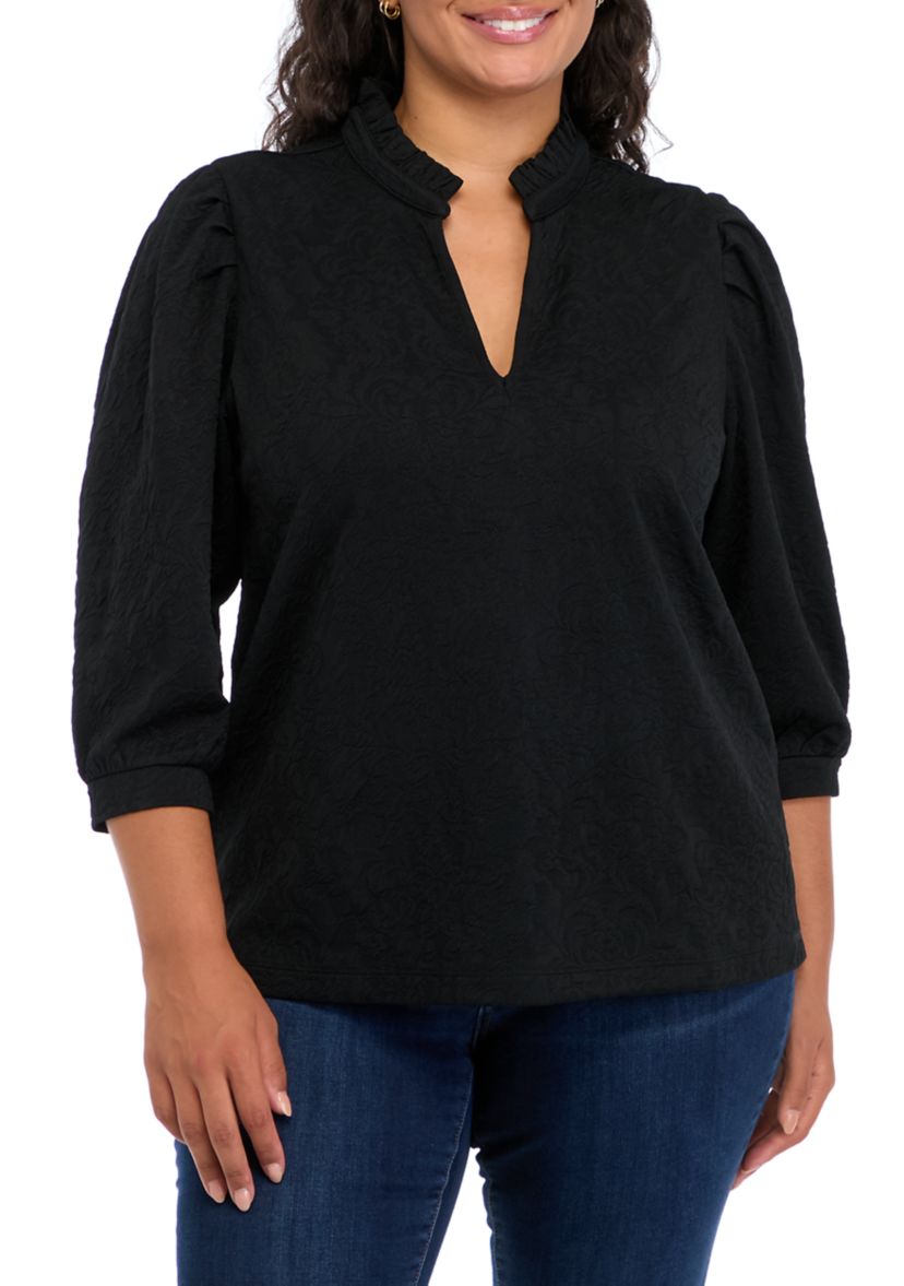 Plus Size 3/4 Sleeve Ruffle Neck Top 