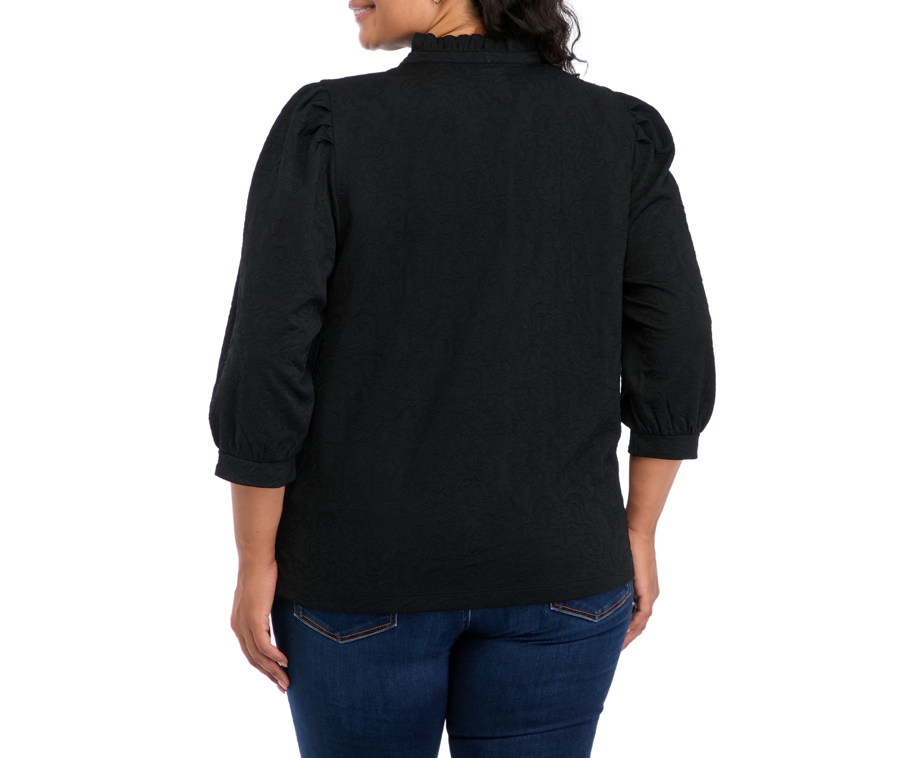 Plus Size 3/4 Sleeve Ruffle Neck Top 