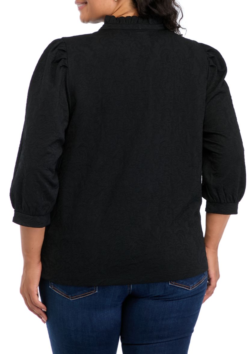 Plus Size 3/4 Sleeve Ruffle Neck Top 