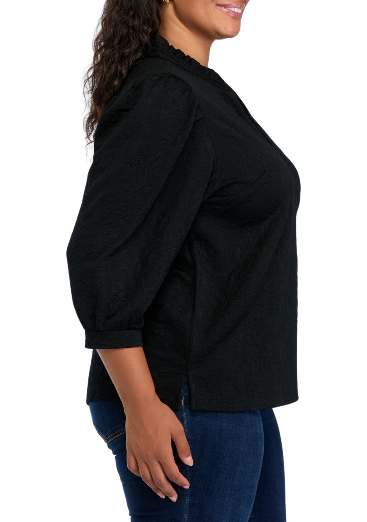 Plus Size 3/4 Sleeve Ruffle Neck Top 