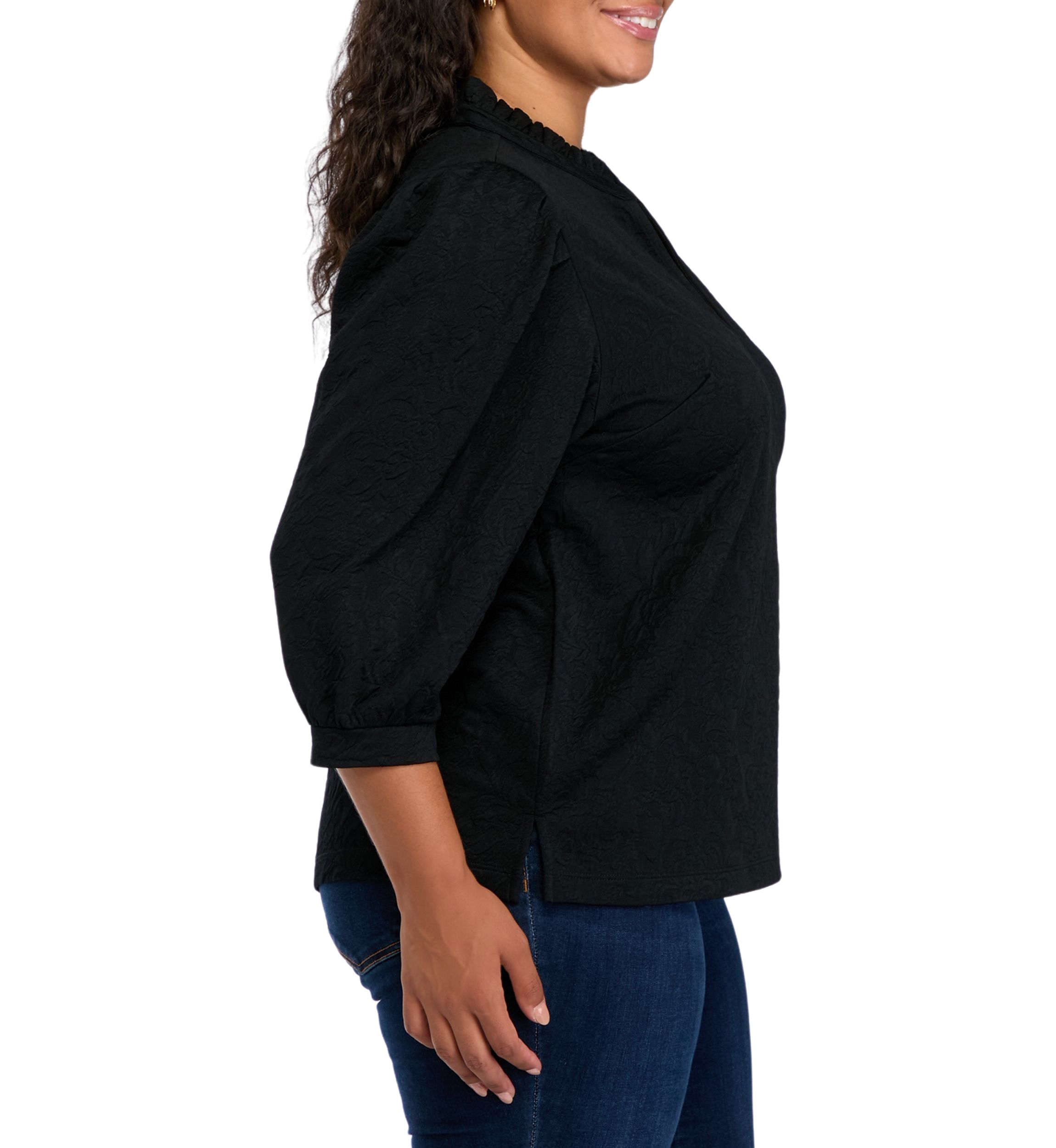 Plus Size 3/4 Sleeve Ruffle Neck Top 