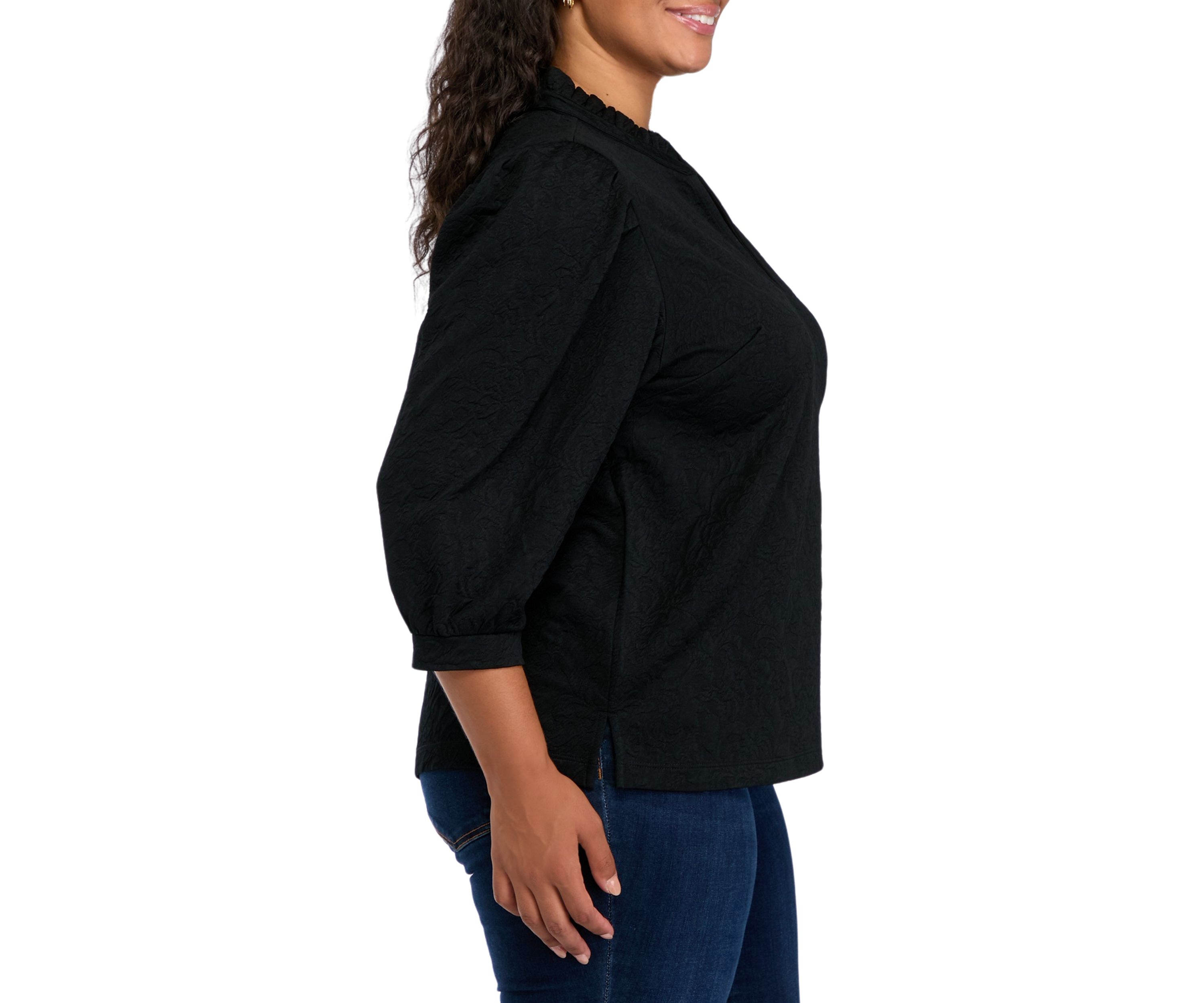 Plus Size 3/4 Sleeve Ruffle Neck Top 