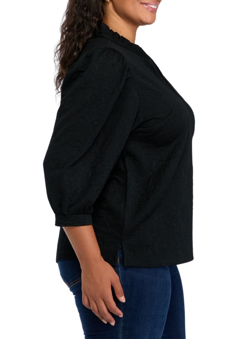 Plus Size 3/4 Sleeve Ruffle Neck Top 