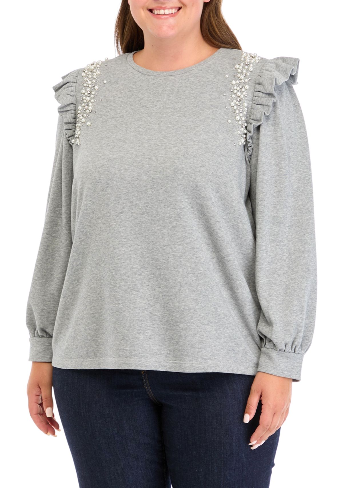 Plus Size Long Sleeve Ruffle Embellished Top