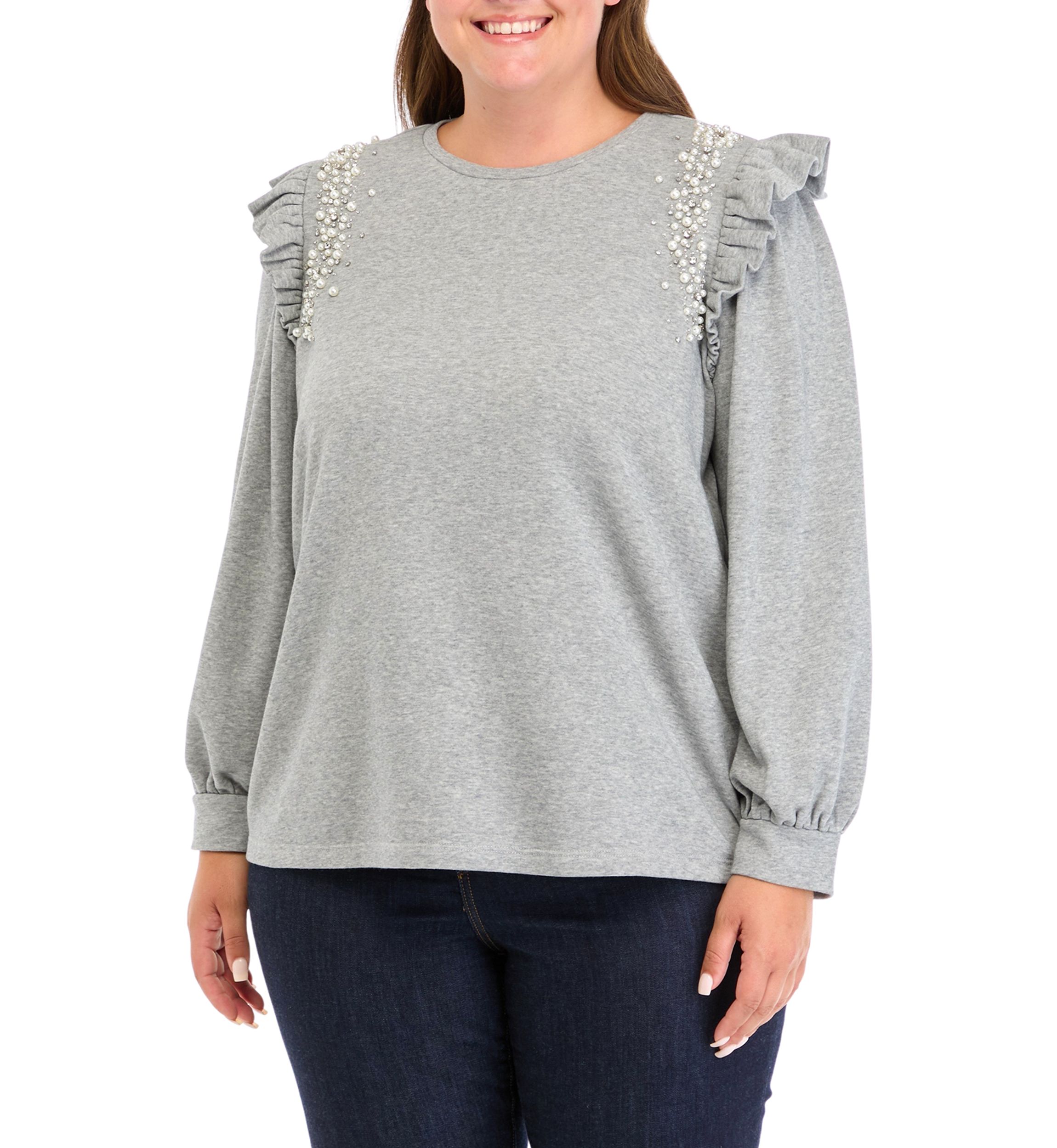 Plus Size Long Sleeve Ruffle Embellished Top