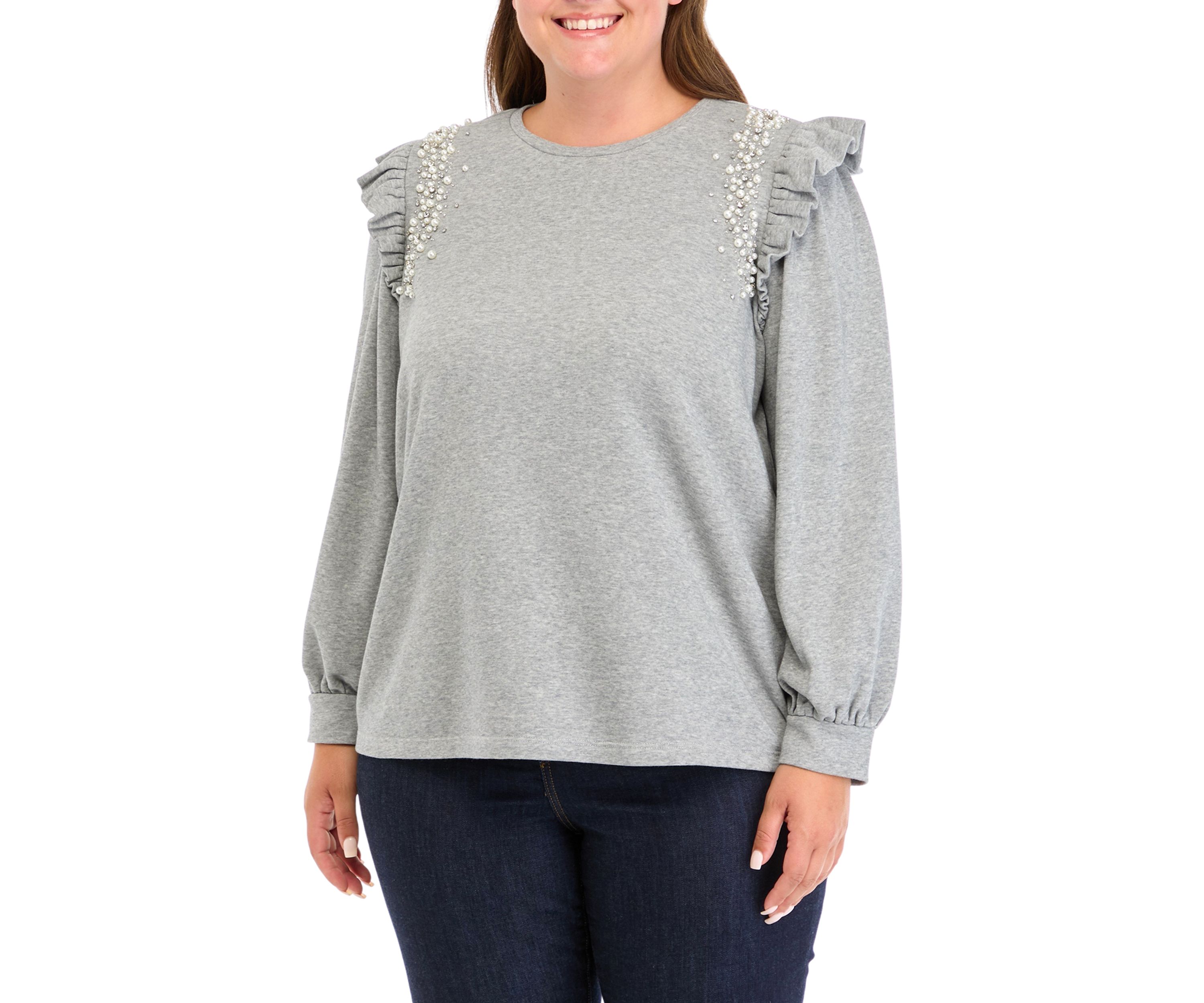 Plus Size Long Sleeve Ruffle Embellished Top