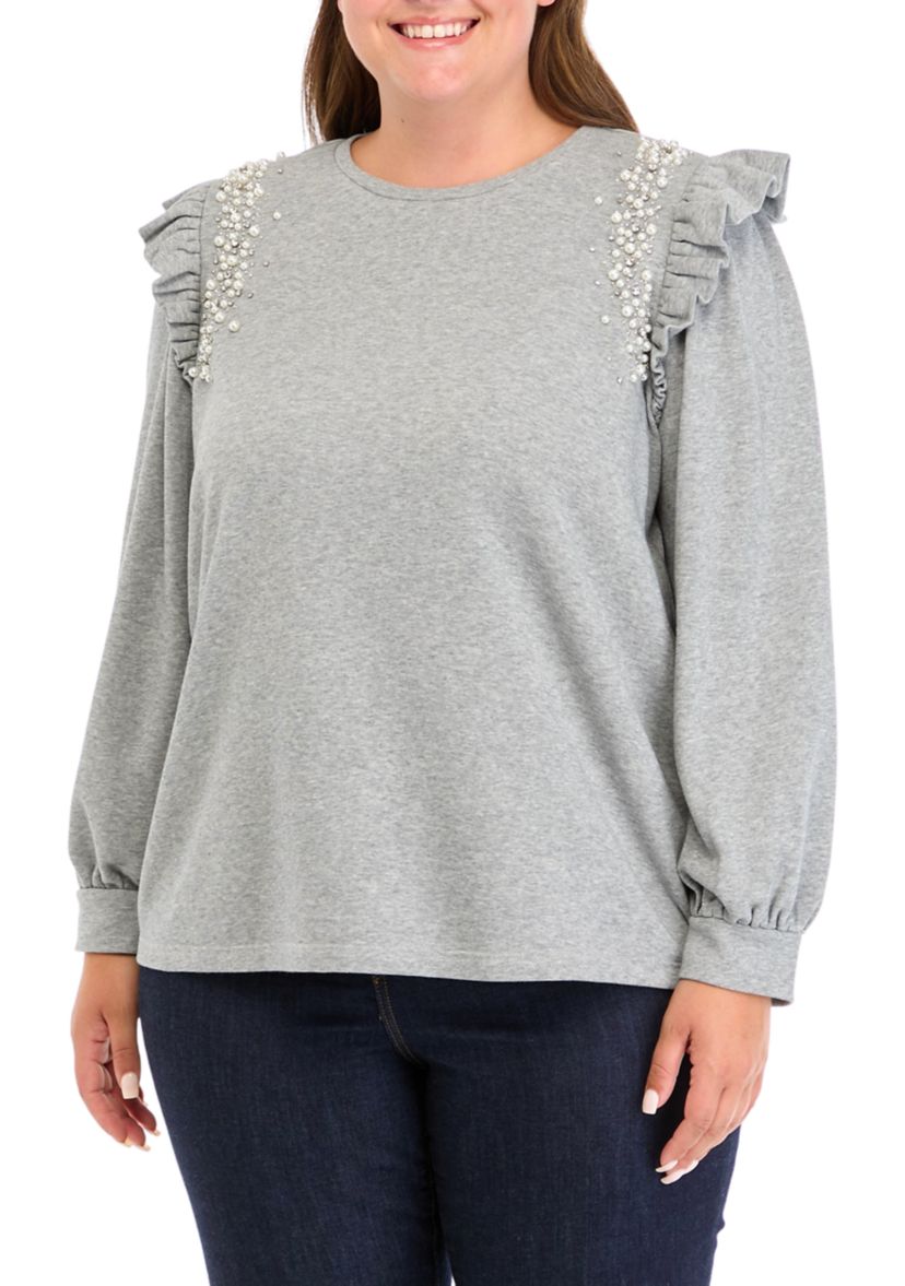 Plus Size Long Sleeve Ruffle Embellished Top