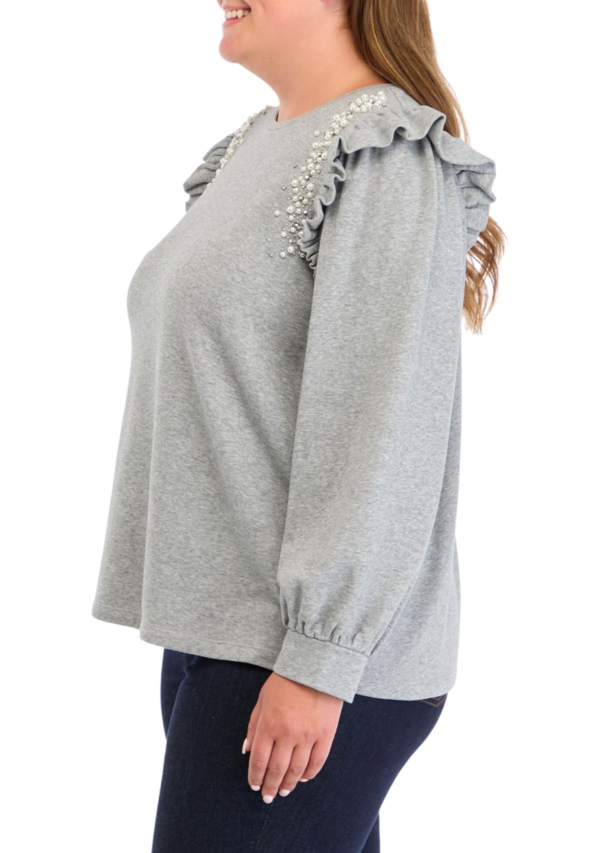 Plus Size Long Sleeve Ruffle Embellished Top