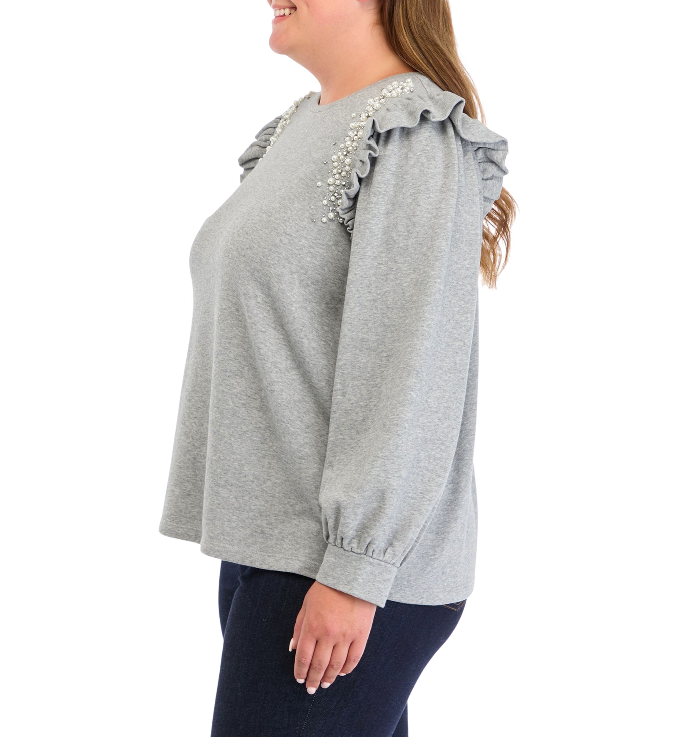 Plus Size Long Sleeve Ruffle Embellished Top
