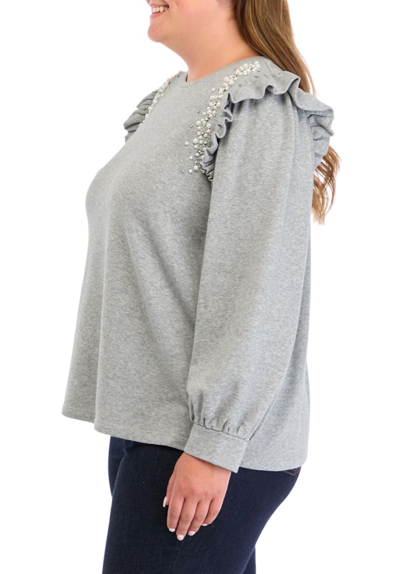 Plus Size Long Sleeve Ruffle Embellished Top