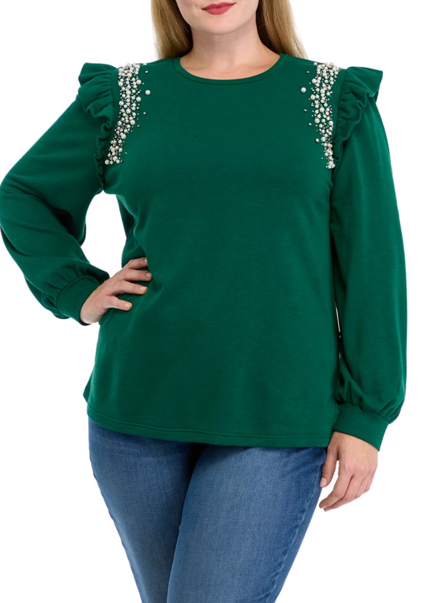 Plus Size Long Sleeve Ruffle Trim Top 