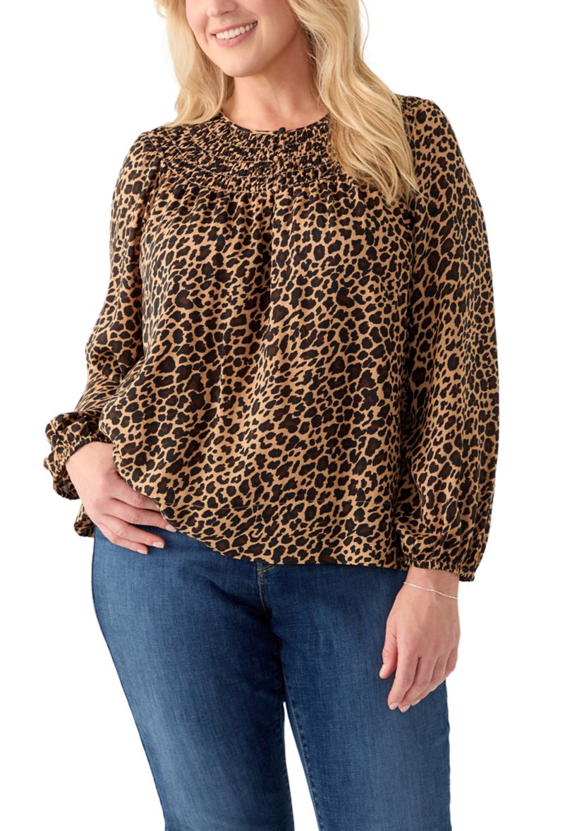 Plus Size Long Sleeve Smocked Printed Top