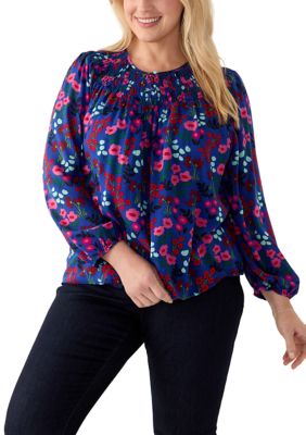 Crown & Ivy Women's Plus Size Long Sleeve Smocked Printed Top, Blue, 3X