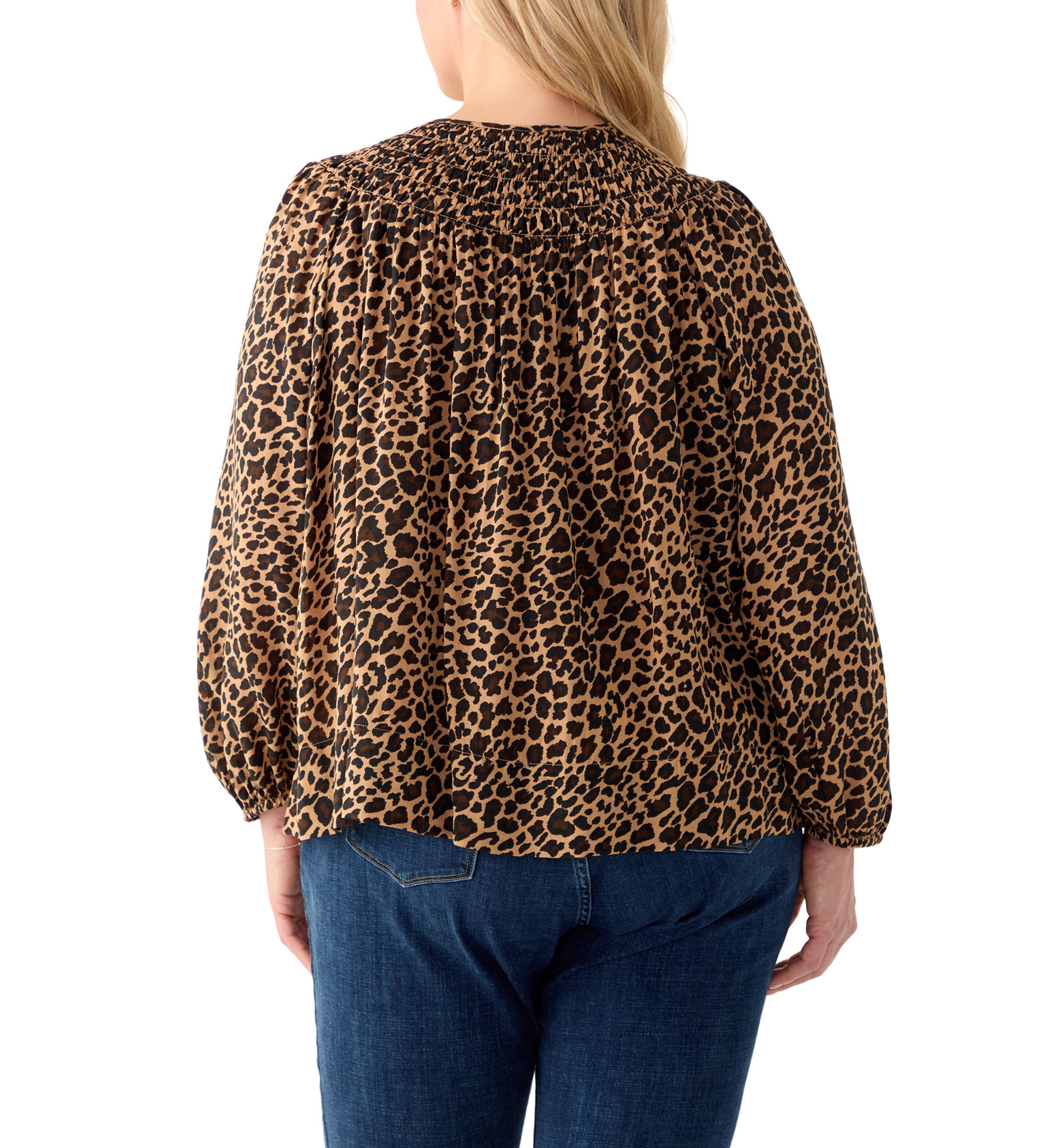 Plus Size Long Sleeve Smocked Printed Top