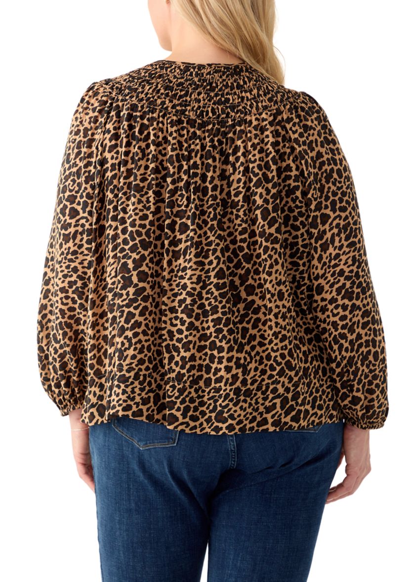 Plus Size Long Sleeve Smocked Printed Top