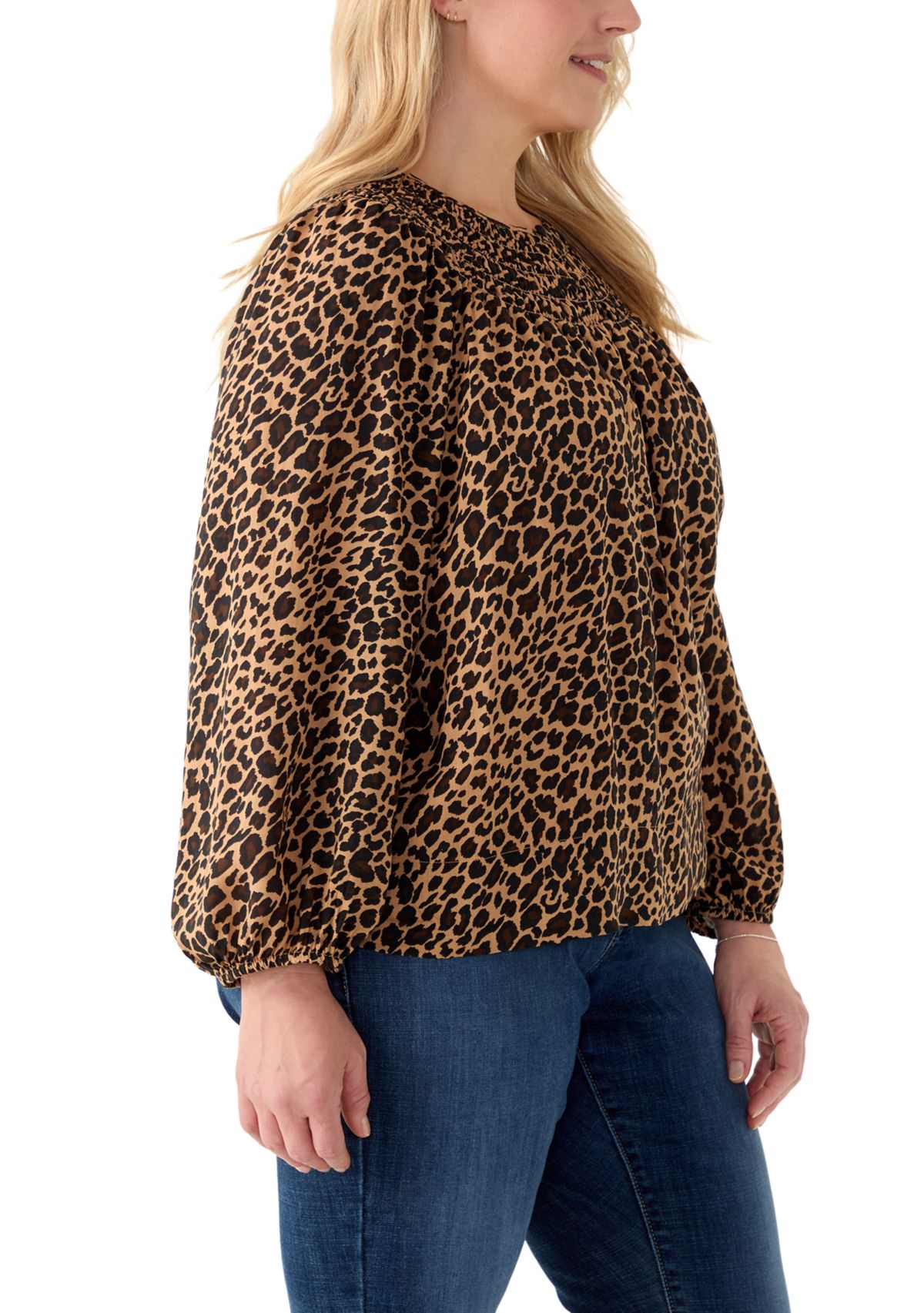 Plus Size Long Sleeve Smocked Printed Top