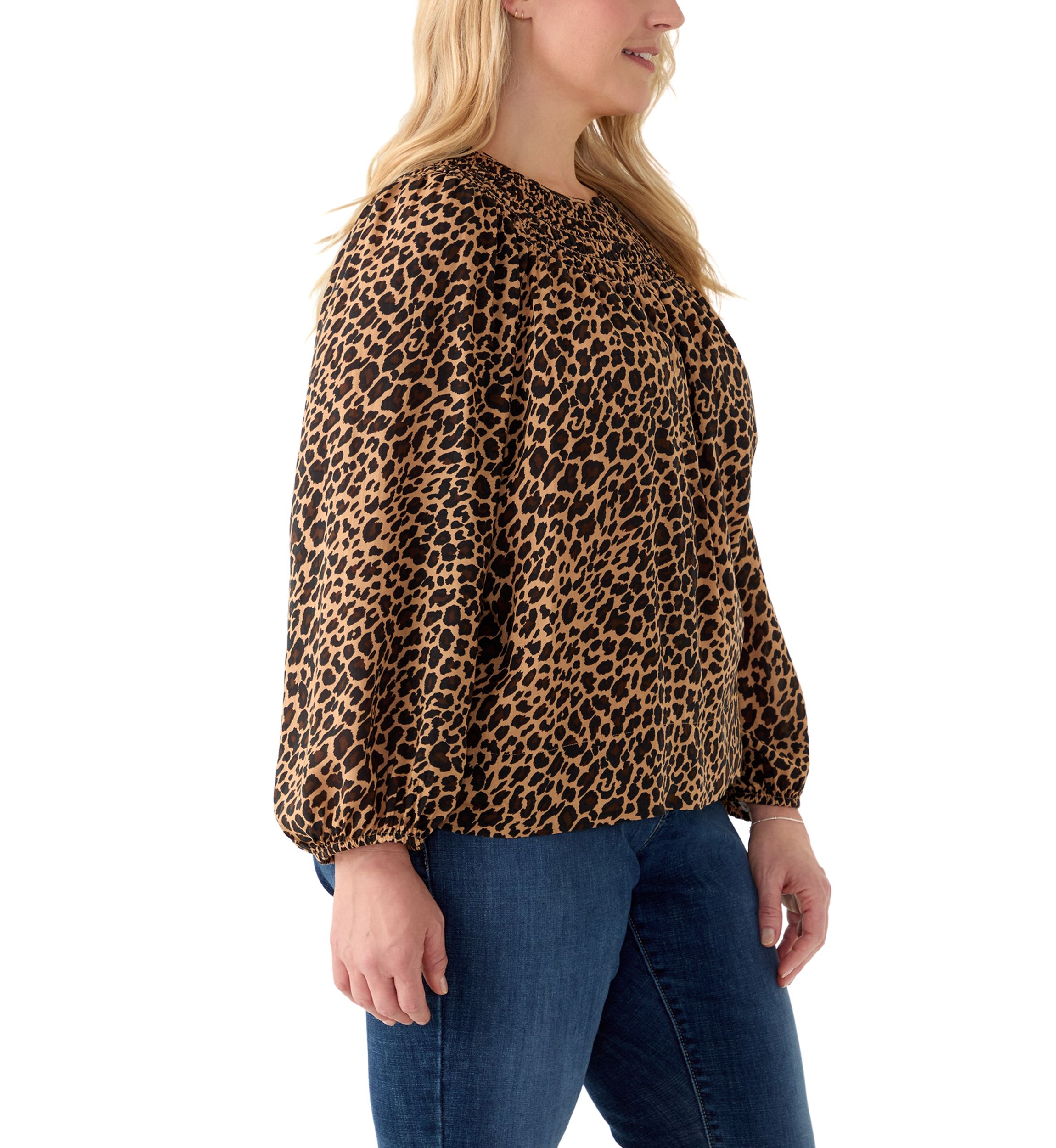 Plus Size Long Sleeve Smocked Printed Top
