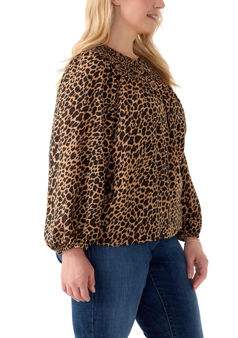 Plus Size Long Sleeve Smocked Printed Top