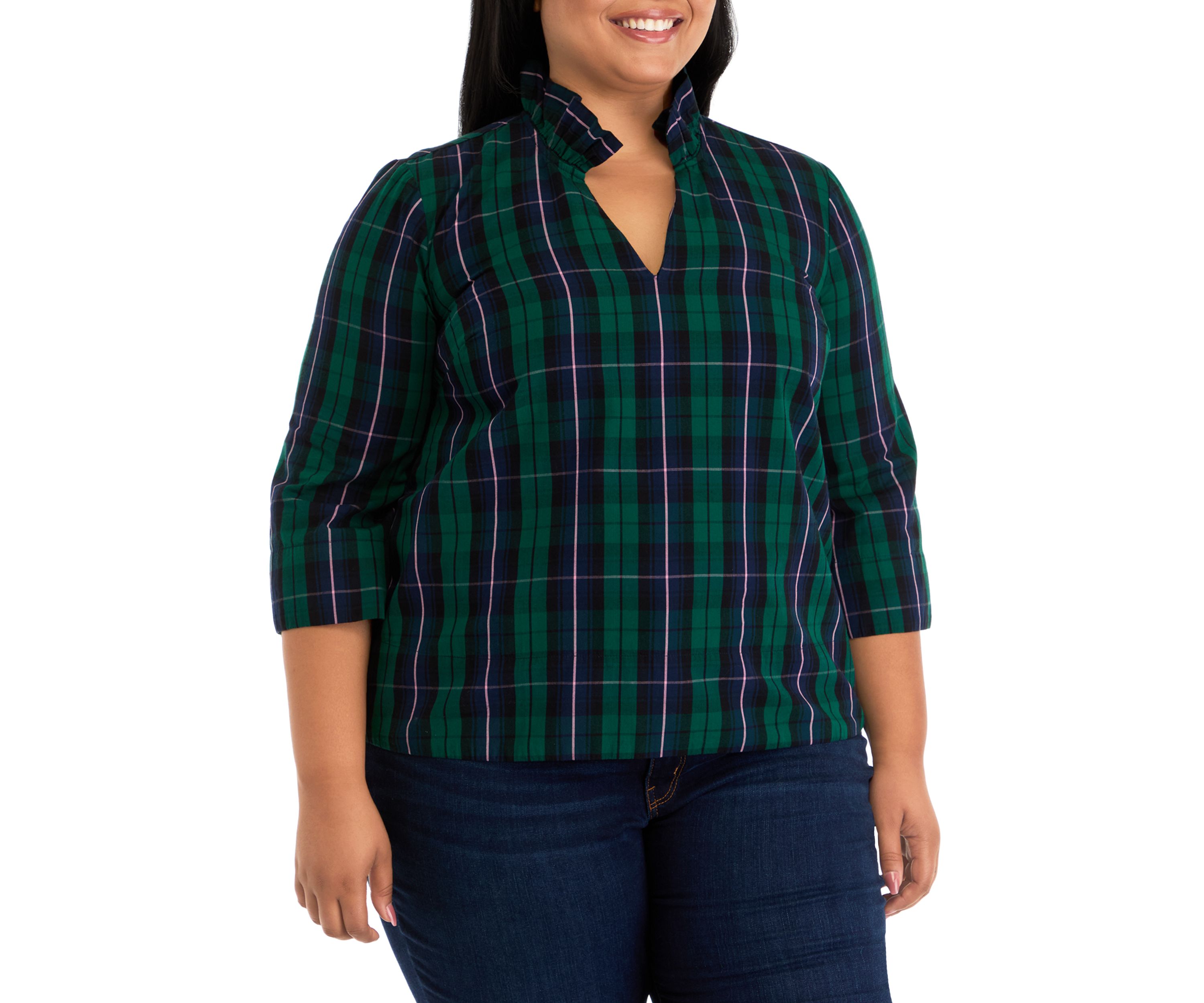 Plus Size Ruffle Neck Yarn Dyed Top