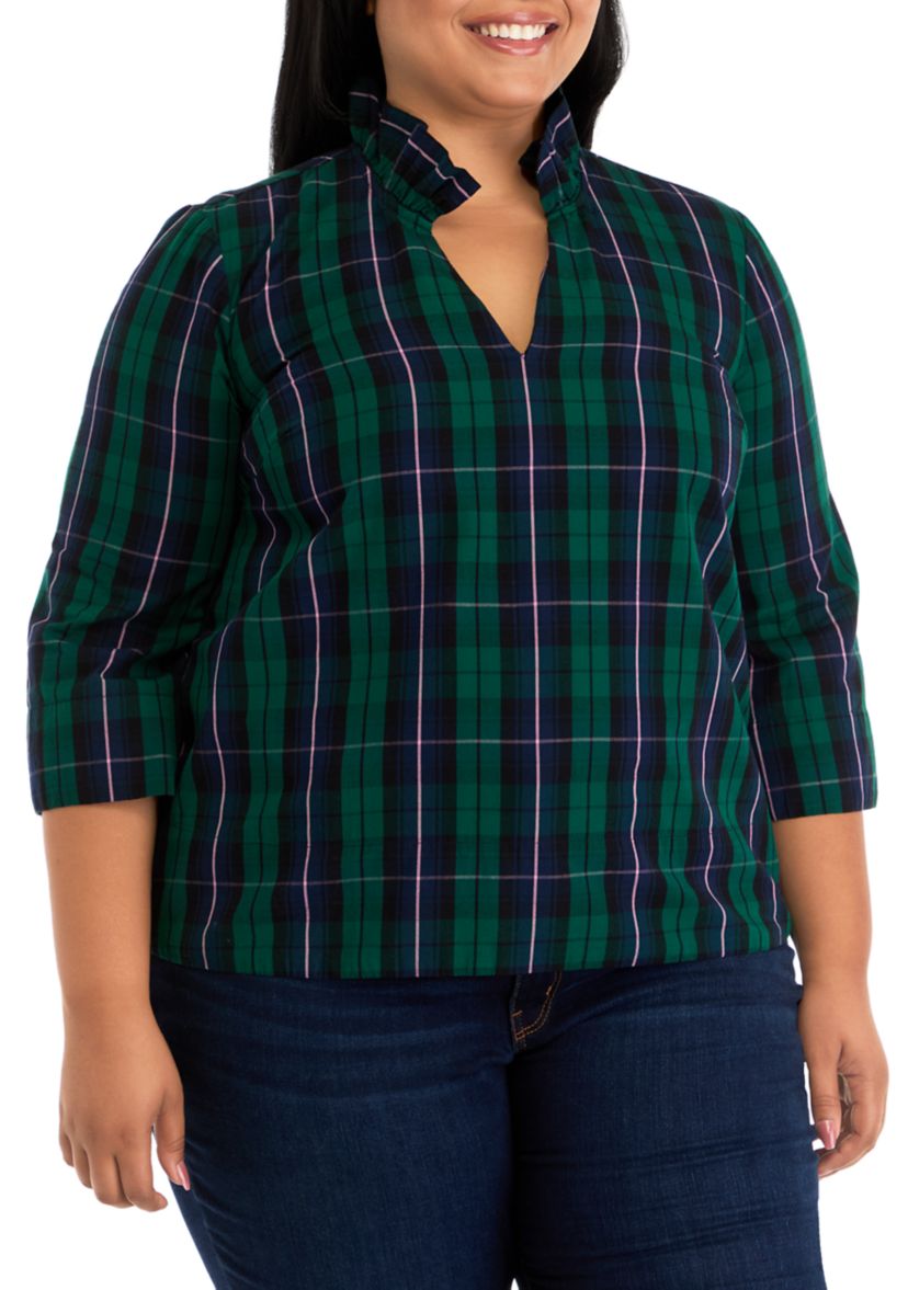 Plus Size Ruffle Neck Yarn Dyed Top
