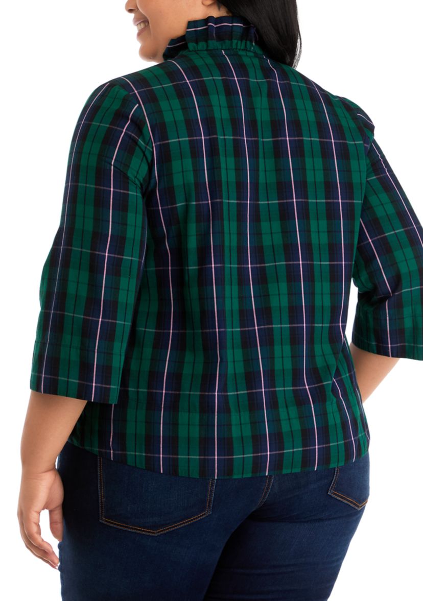 Plus Size Ruffle Neck Yarn Dyed Top