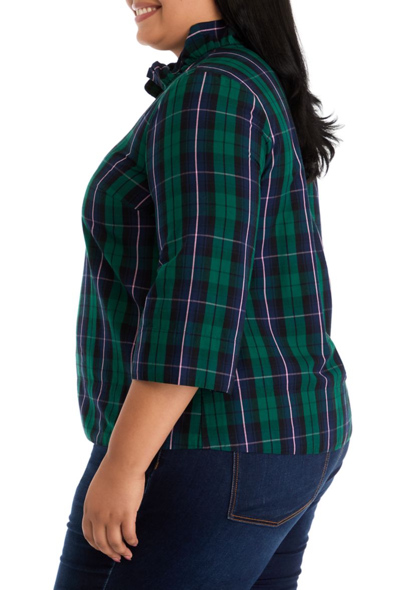 Plus Size Ruffle Neck Yarn Dyed Top