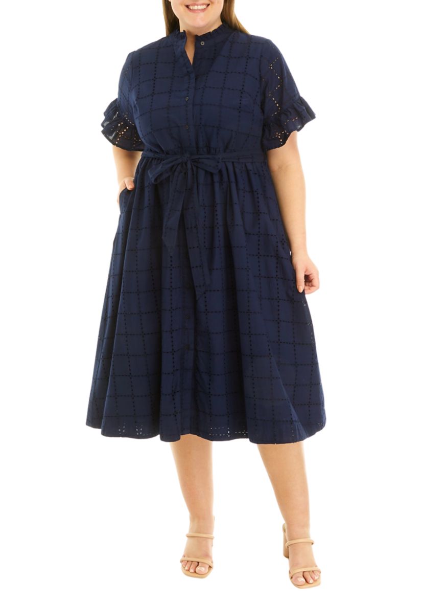 Plus Size Button Front Eyelet Dress