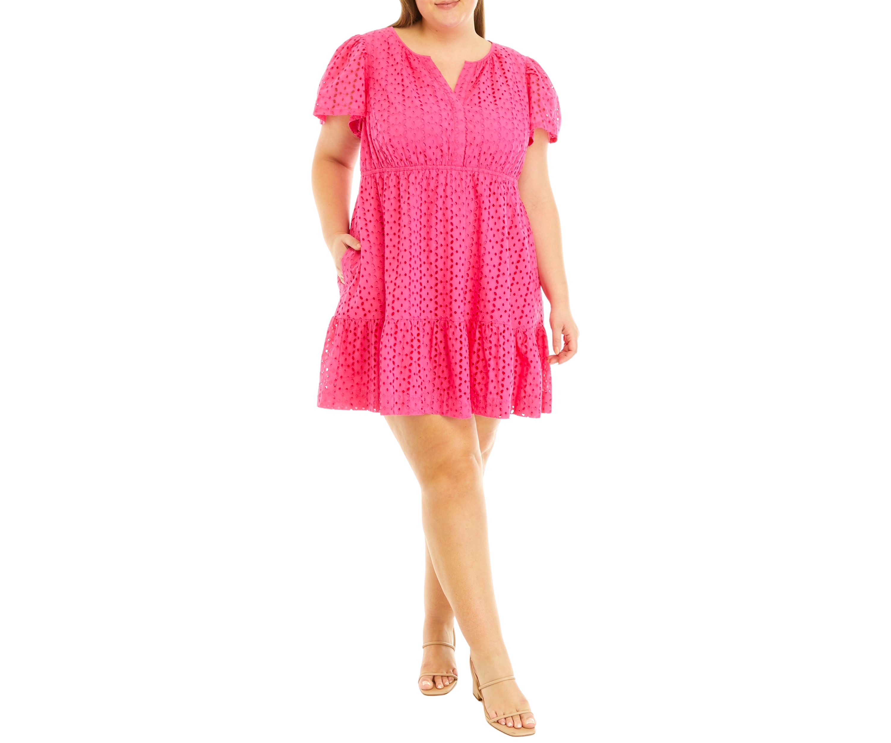 Plus Size Flutter Sleeve Eyelet Mini Dress