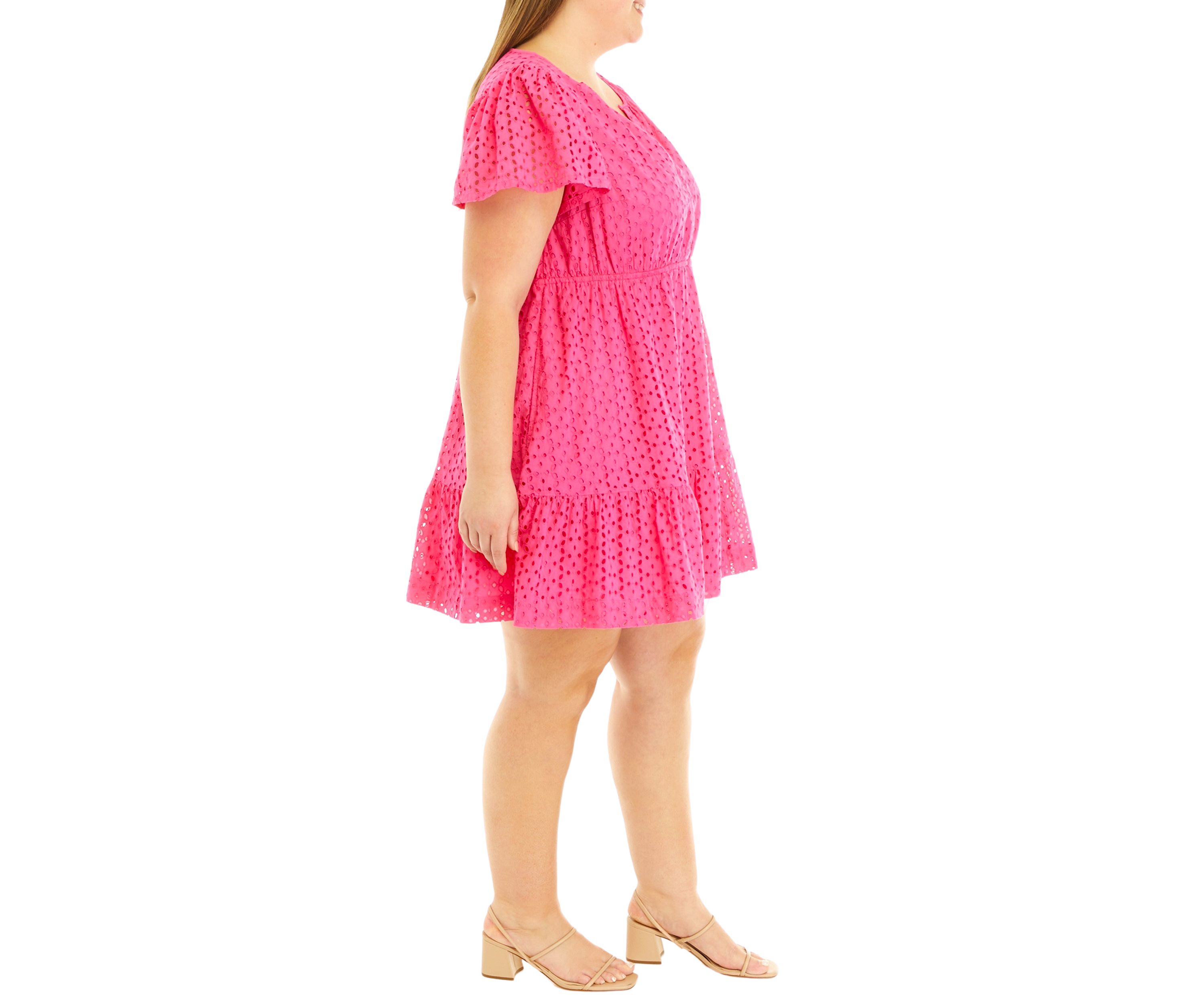 Plus Size Flutter Sleeve Eyelet Mini Dress