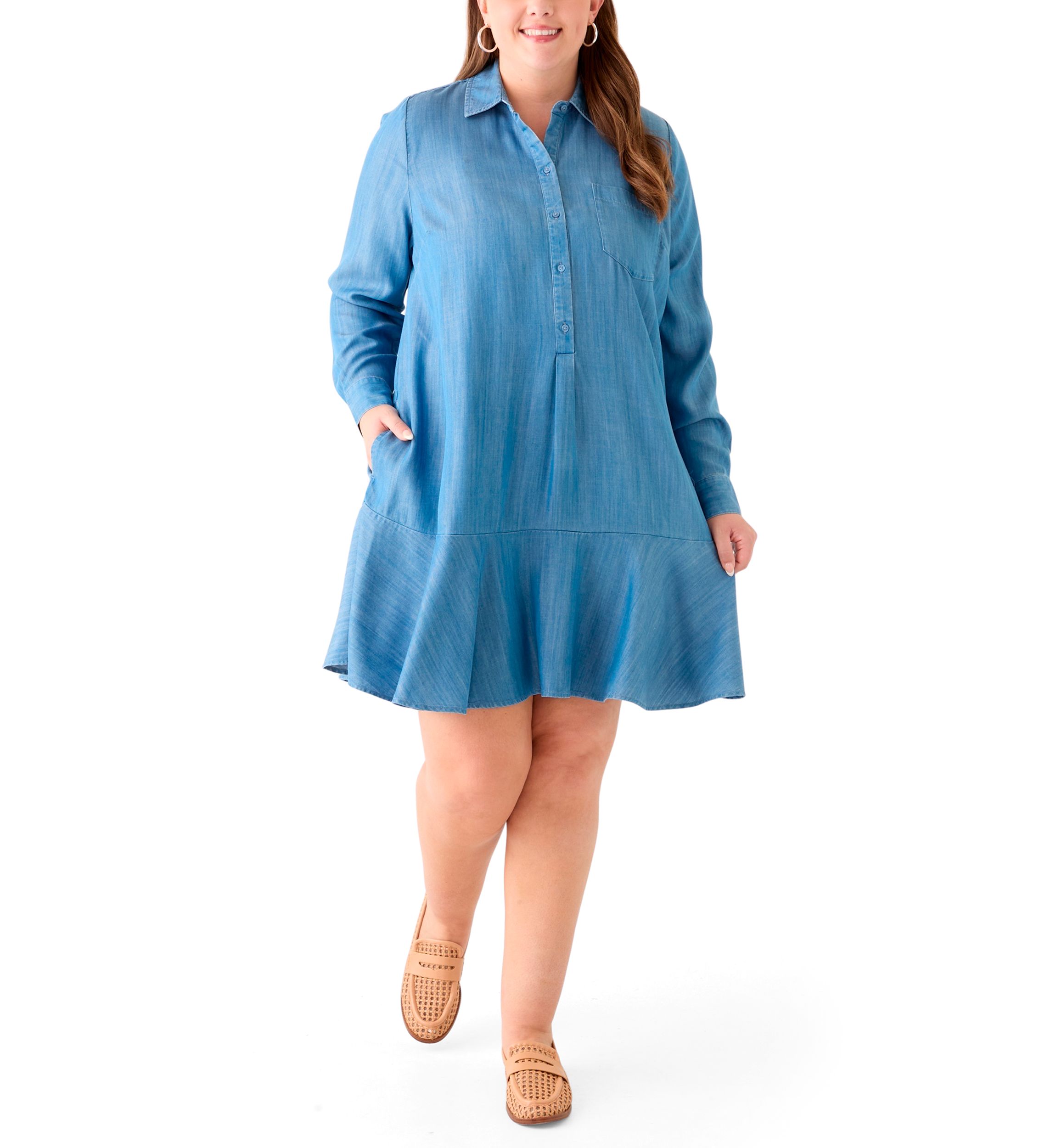 Plus Size Long Sleeve Flounce Hem Dress Shirt 
