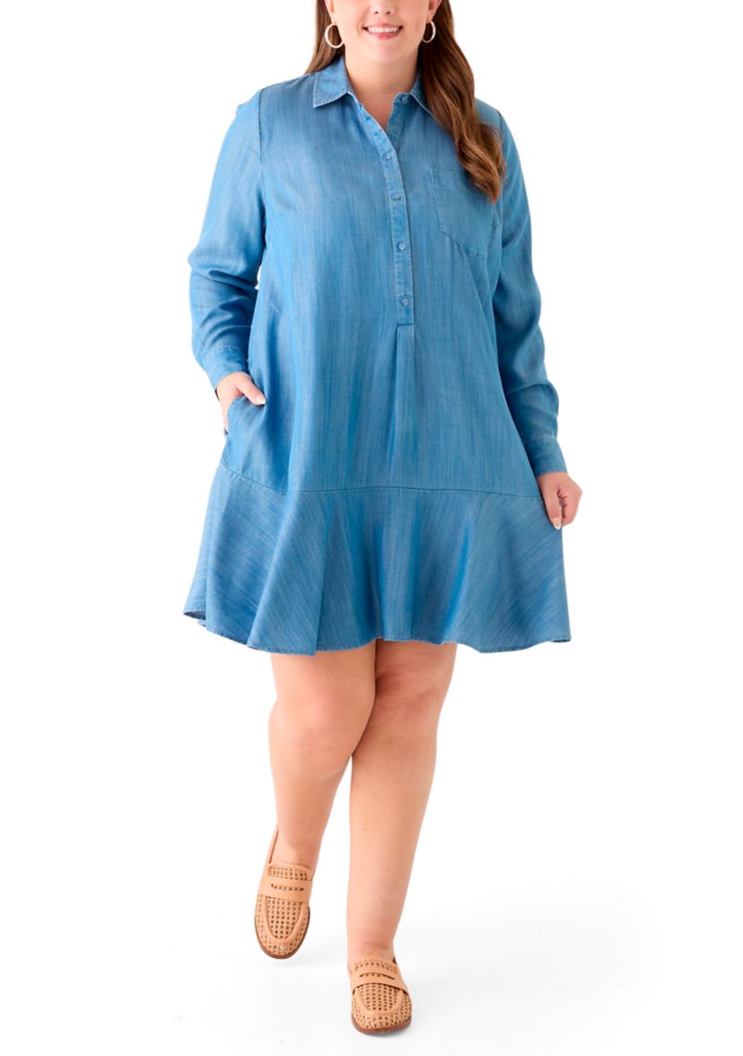 Plus Size Long Sleeve Flounce Hem Dress Shirt 