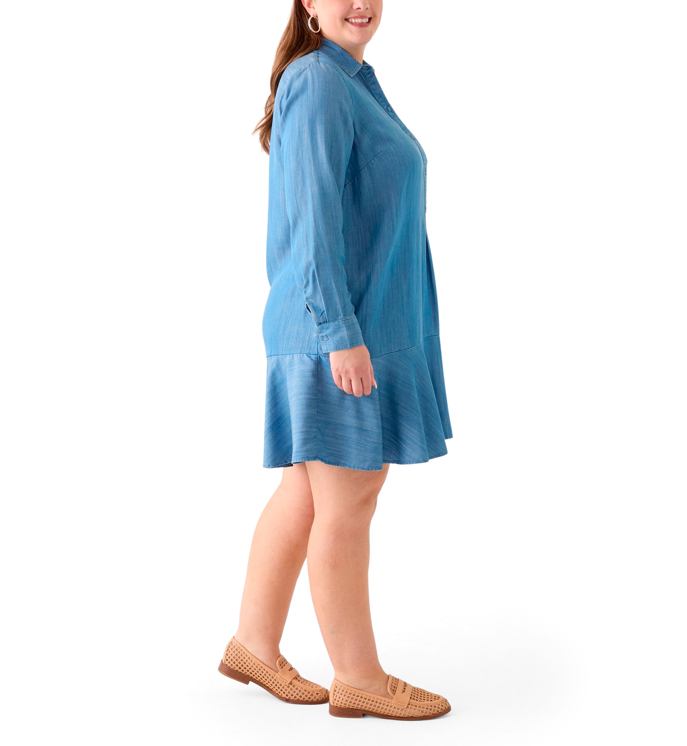 Plus Size Long Sleeve Flounce Hem Dress Shirt 