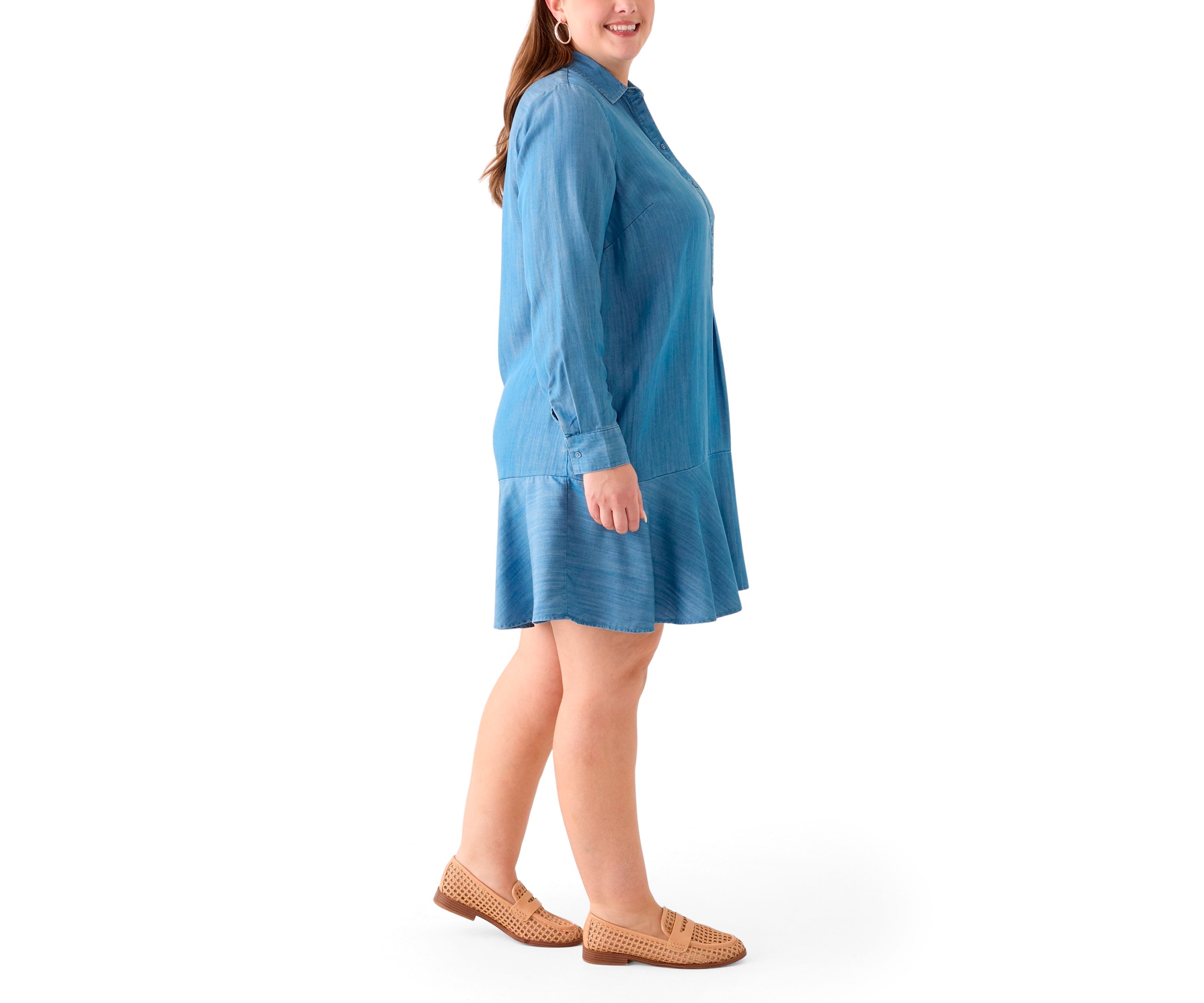 Plus Size Long Sleeve Flounce Hem Dress Shirt 