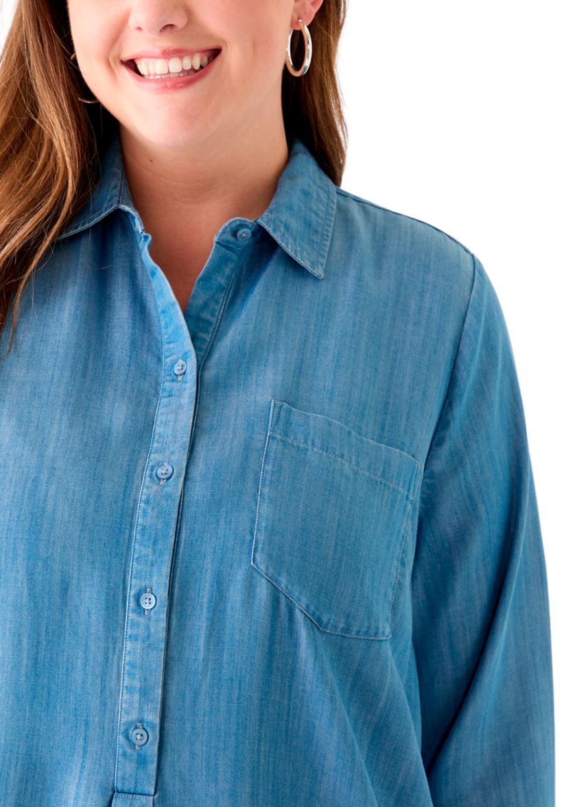 Plus Size Long Sleeve Flounce Hem Dress Shirt 