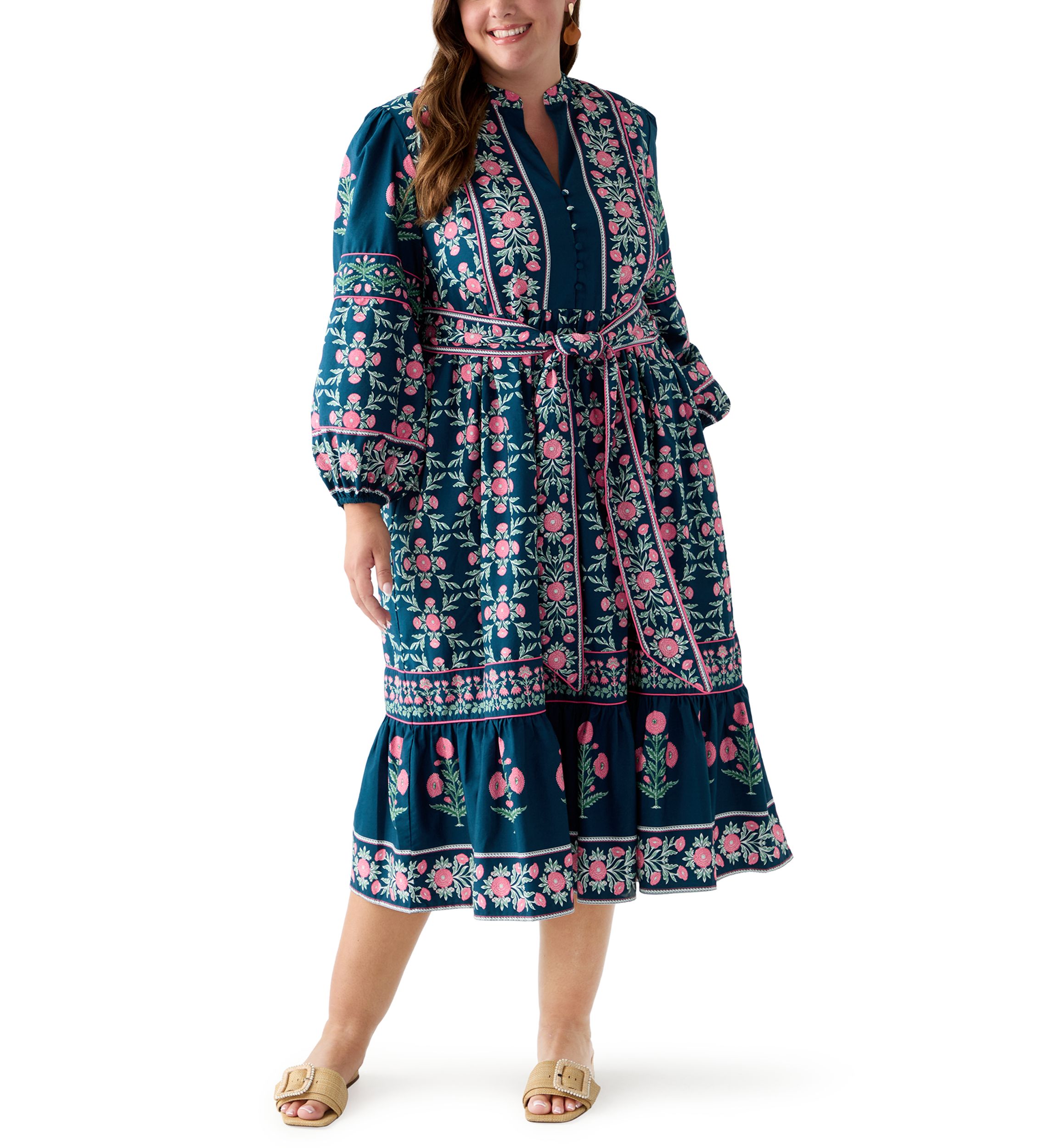 Plus Size  Puff Sleeve Printed Midi Dress 
