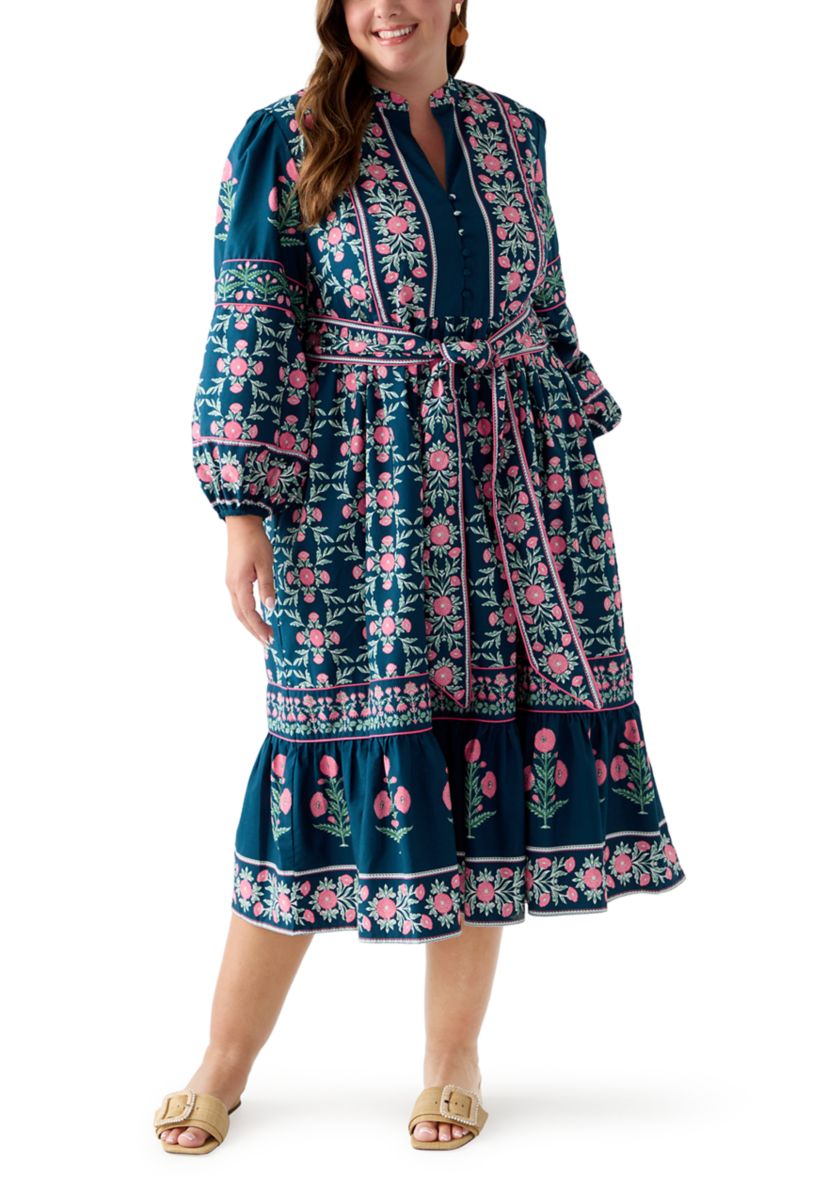Plus Size  Puff Sleeve Printed Midi Dress 