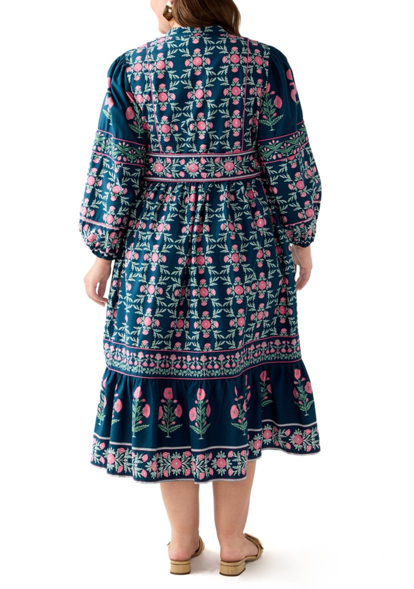 Plus Size  Puff Sleeve Printed Midi Dress 