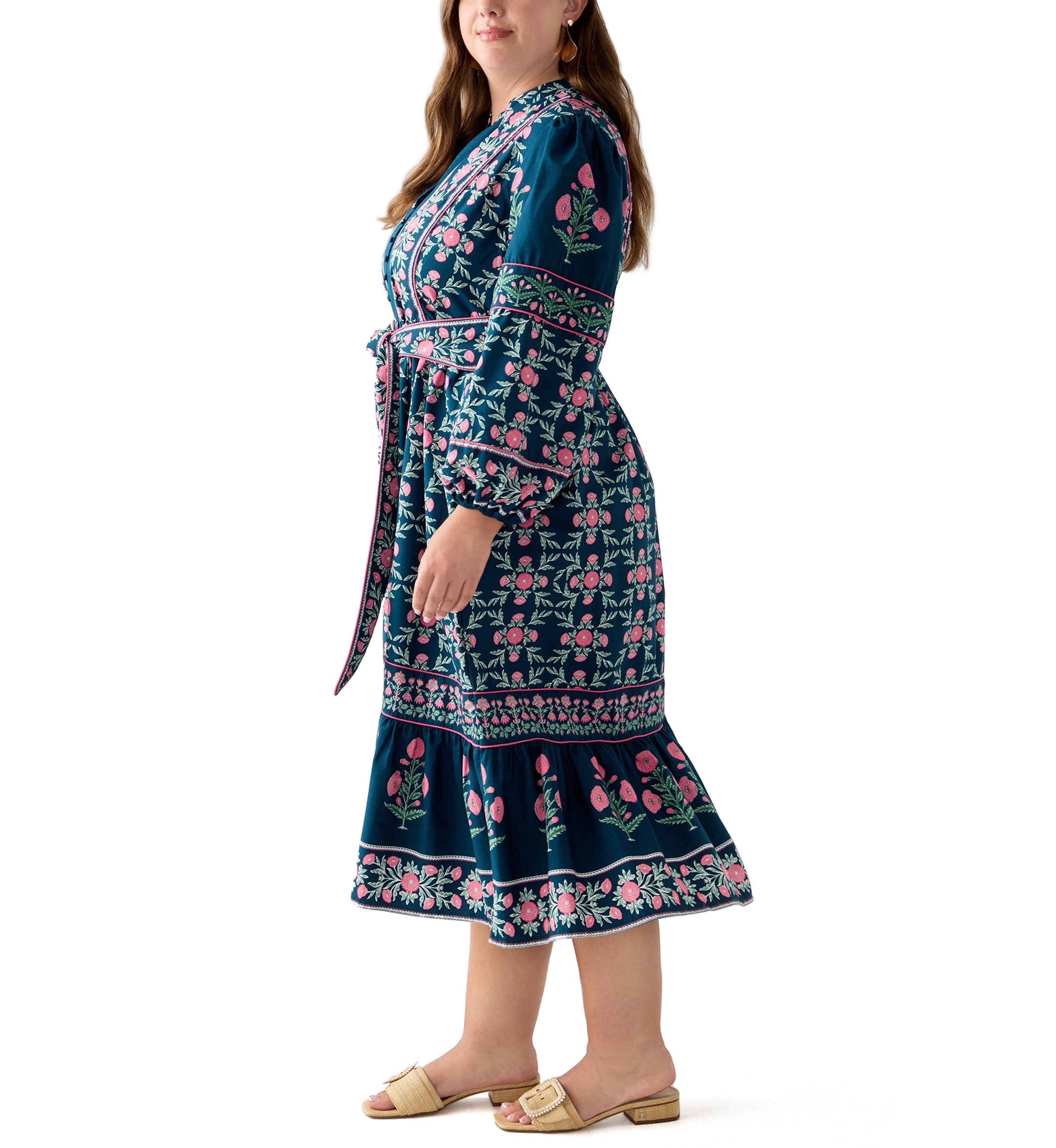 Plus Size  Puff Sleeve Printed Midi Dress 