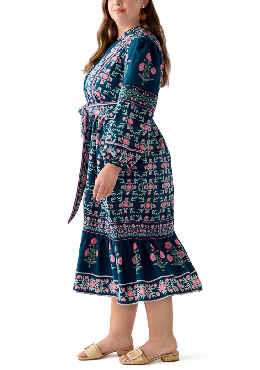 Plus Size  Puff Sleeve Printed Midi Dress 