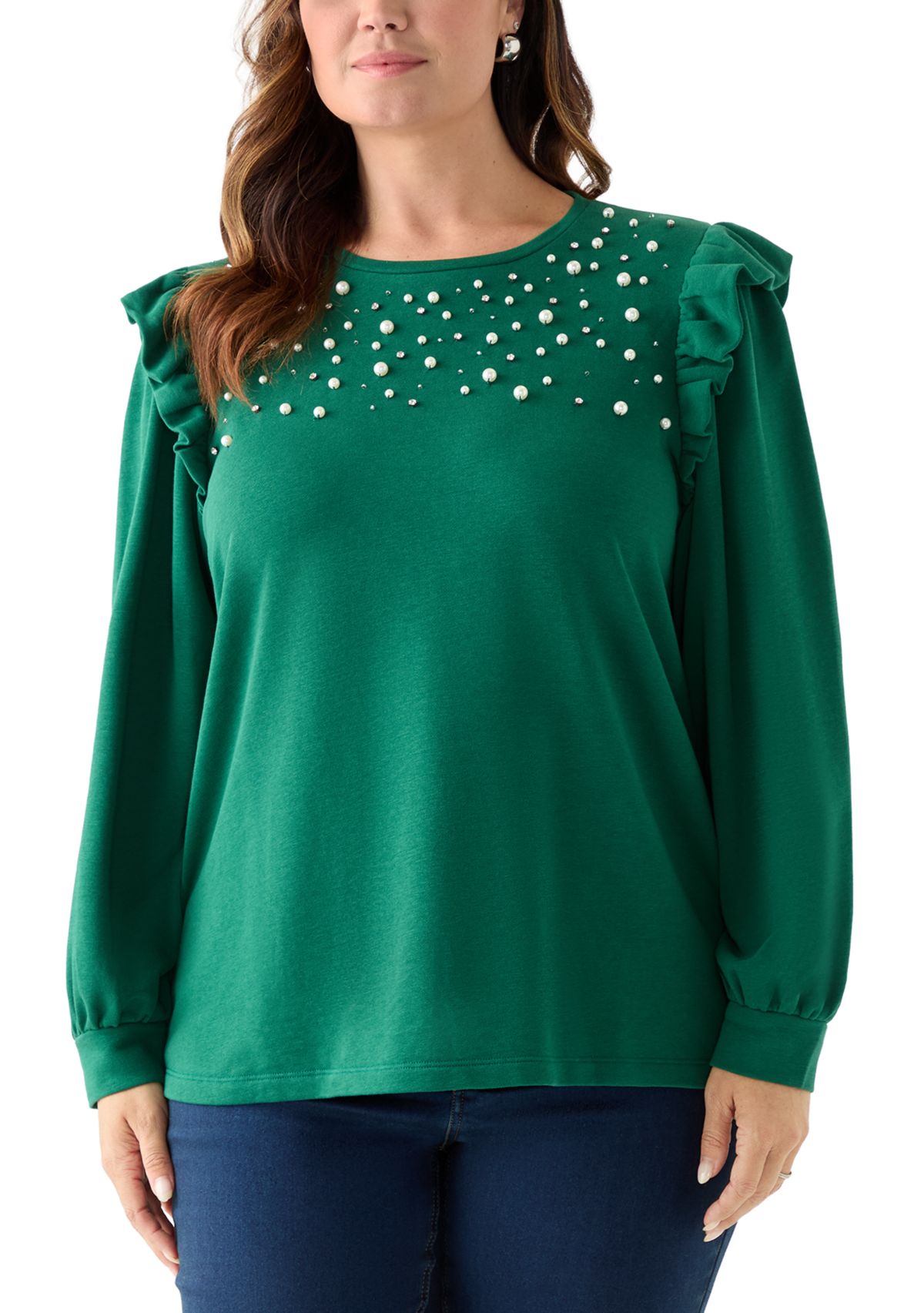 Plus Size Long Sleeve Ruffle Embellished Top