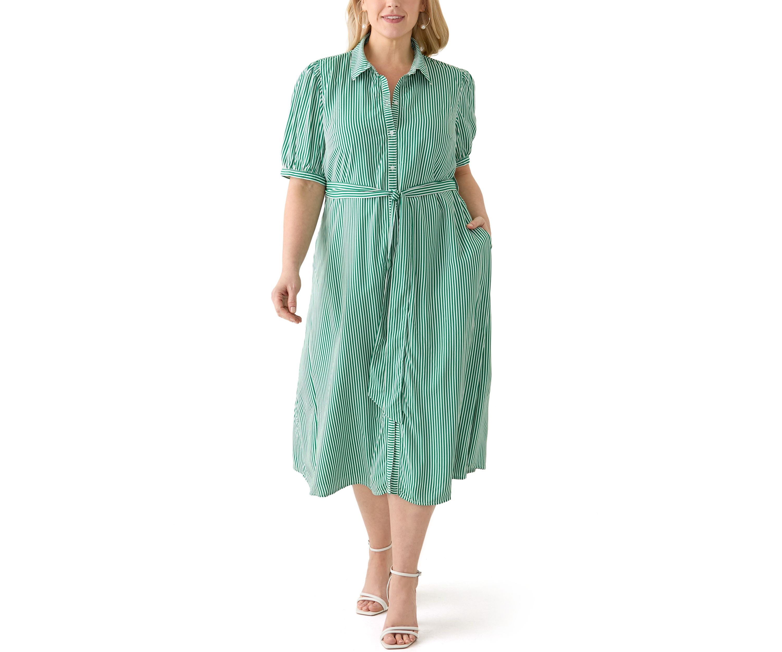 Plus Size Short Sleeve Yarn Dyed Belted Shirtdress